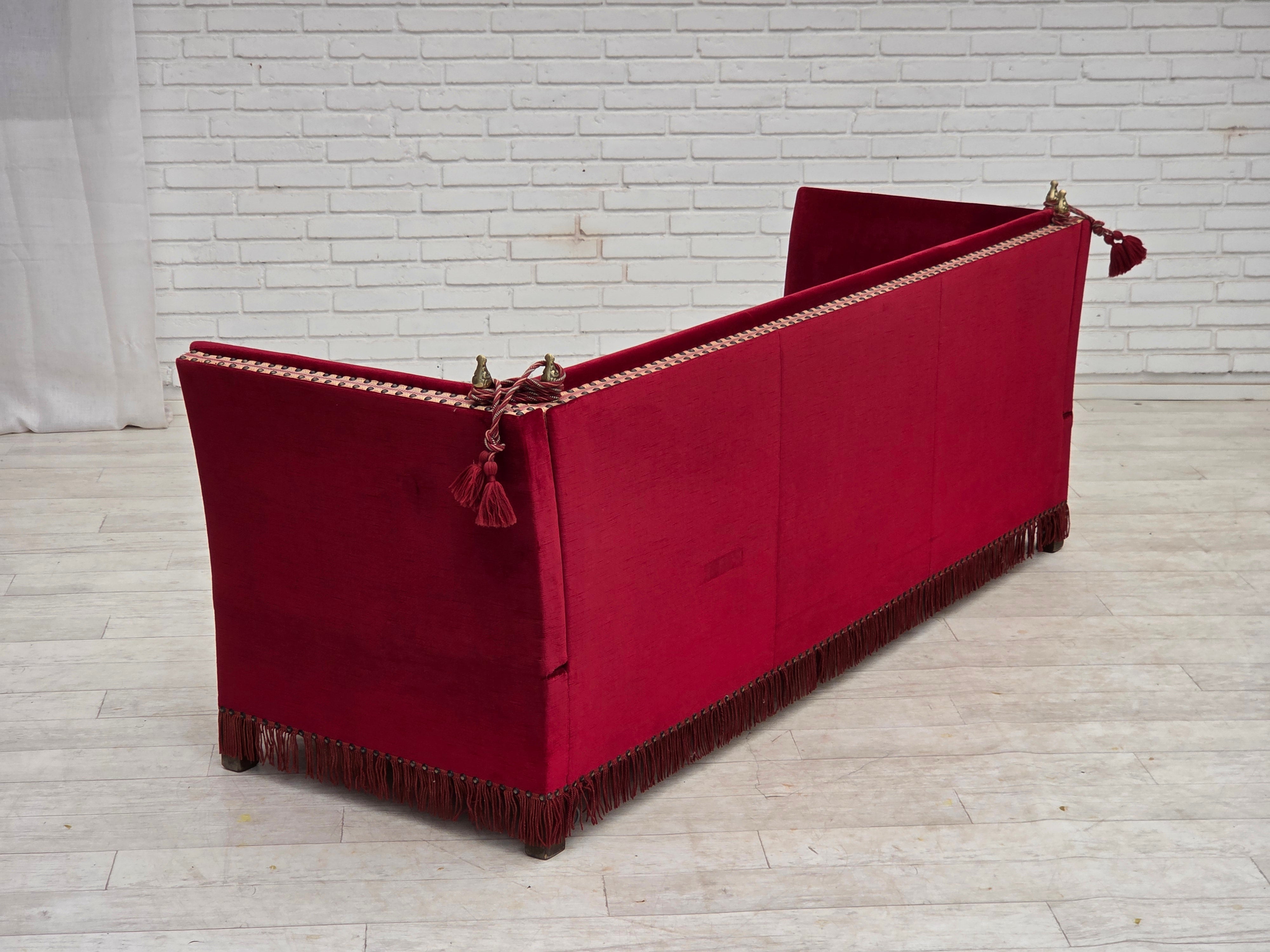 Danish_Drop-Arm_Spanish_3-Seater_Sofa_in_Red_Velour_with_Ash_Legs,_1970s