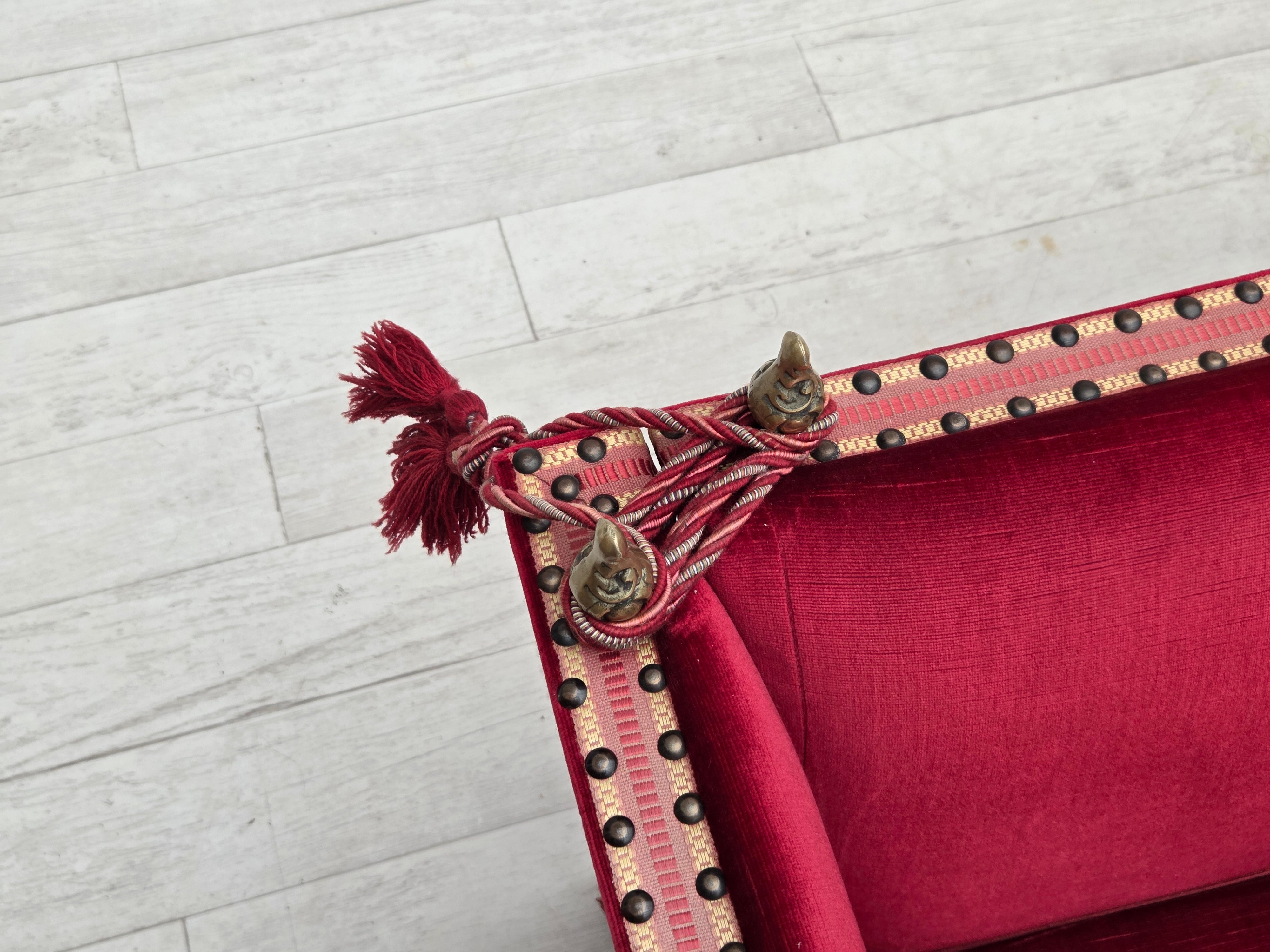 Danish_Drop-Arm_Spanish_3-Seater_Sofa_in_Red_Velour_with_Ash_Legs,_1970s