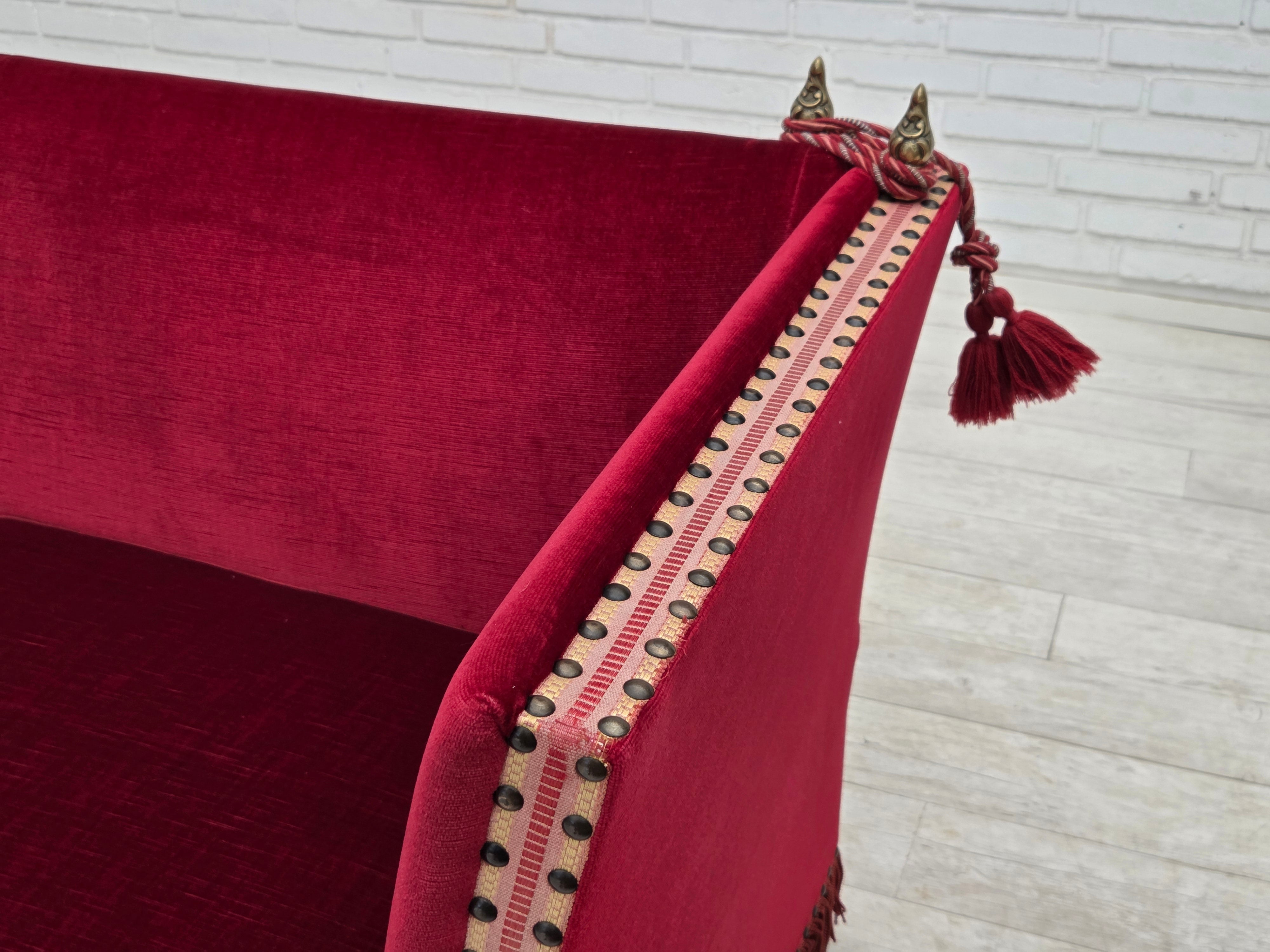 Danish_Drop-Arm_Spanish_3-Seater_Sofa_in_Red_Velour_with_Ash_Legs,_1970s