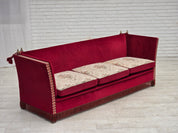 Danish_Drop-Arm_Spanish_3-Seater_Sofa_in_Red_Velour_with_Ash_Legs,_1970s