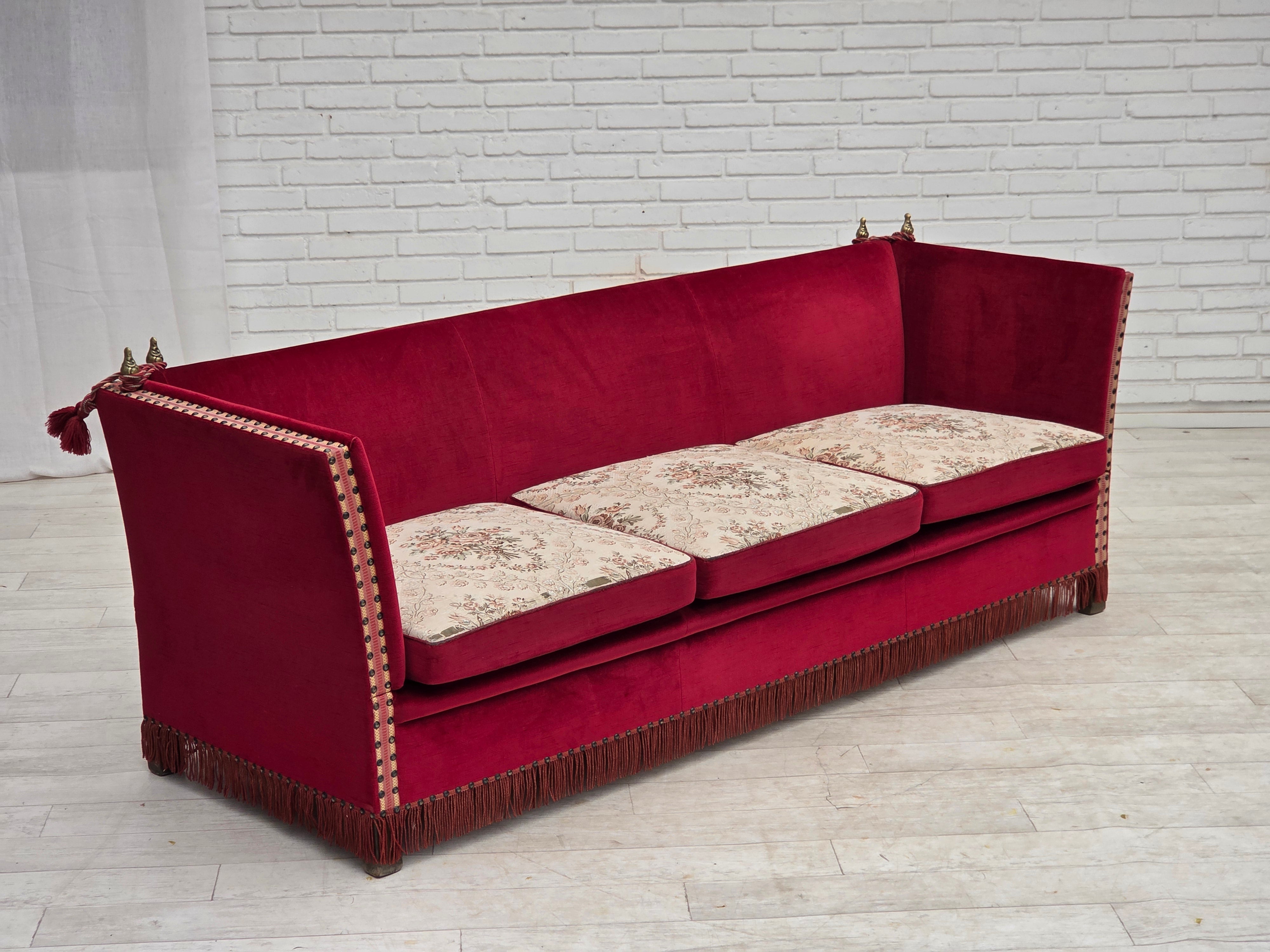 Danish_Drop-Arm_Spanish_3-Seater_Sofa_in_Red_Velour_with_Ash_Legs,_1970s