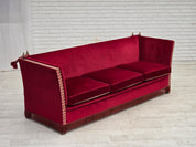 Danish_Drop-Arm_Spanish_3-Seater_Sofa_in_Red_Velour_with_Ash_Legs,_1970s