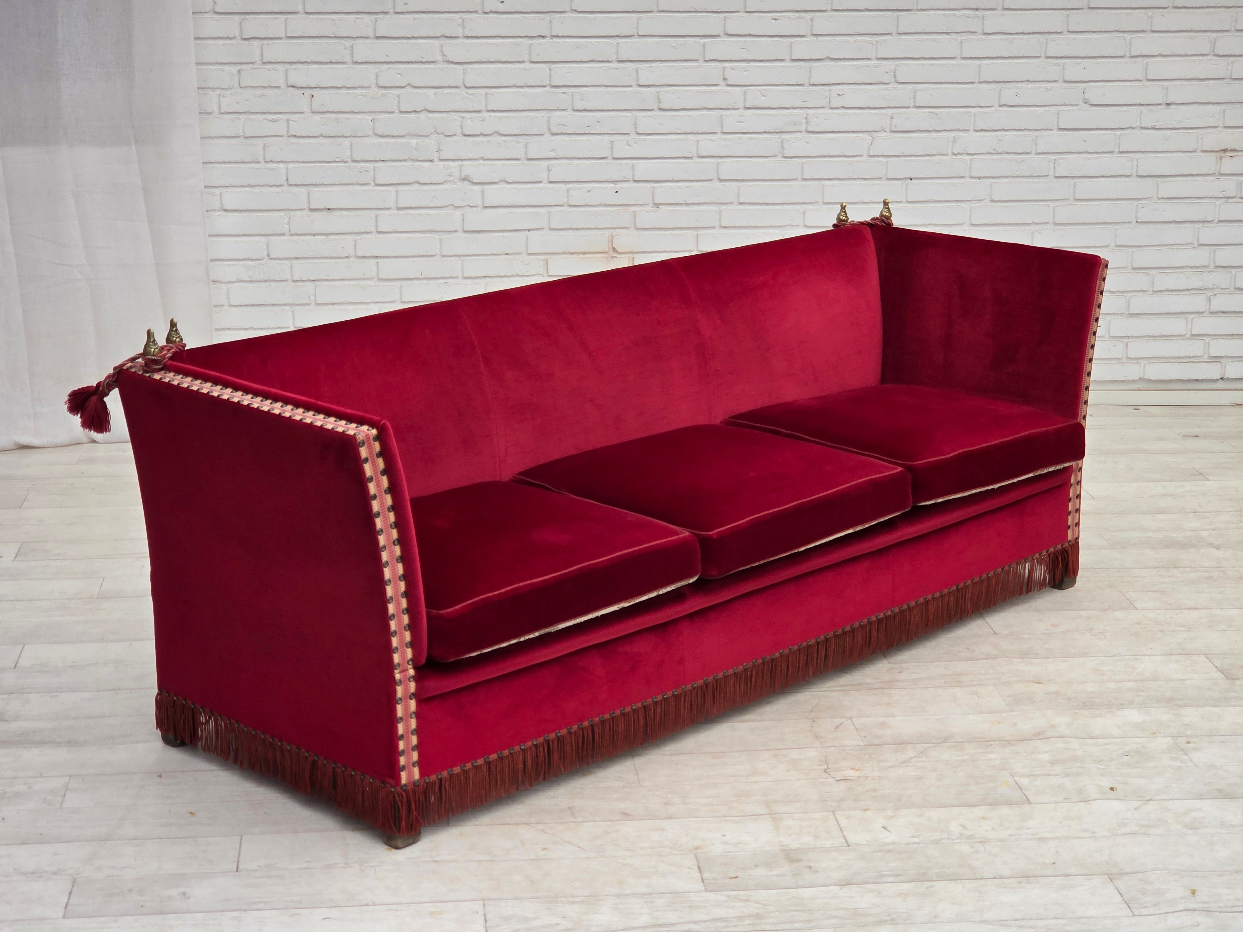 Danish_Drop-Arm_Spanish_3-Seater_Sofa_in_Red_Velour_with_Ash_Legs,_1970s