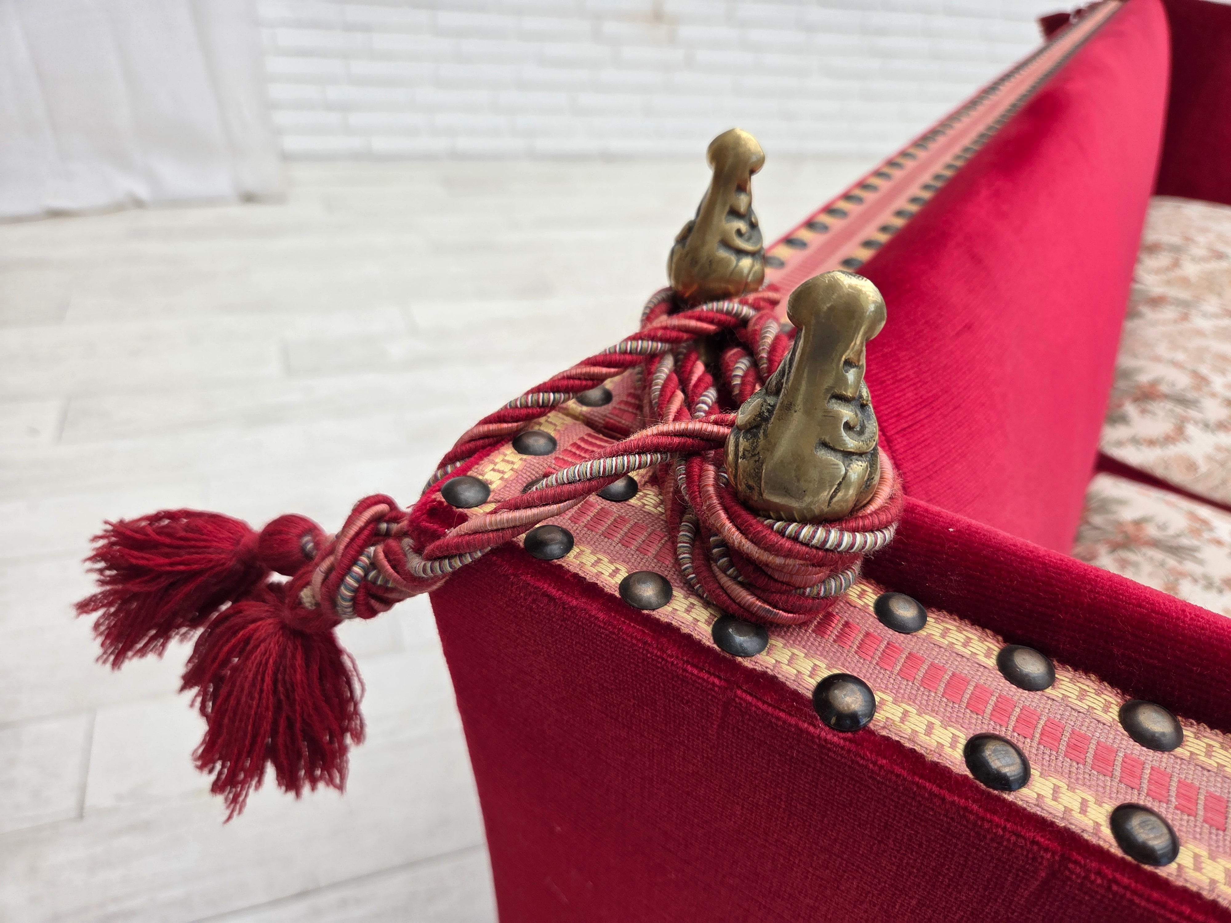 Danish_Drop-Arm_Spanish_3-Seater_Sofa_in_Red_Velour_with_Ash_Legs,_1970s