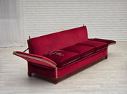 Danish_Drop-Arm_Spanish_3-Seater_Sofa_in_Red_Velour_with_Ash_Legs,_1970s