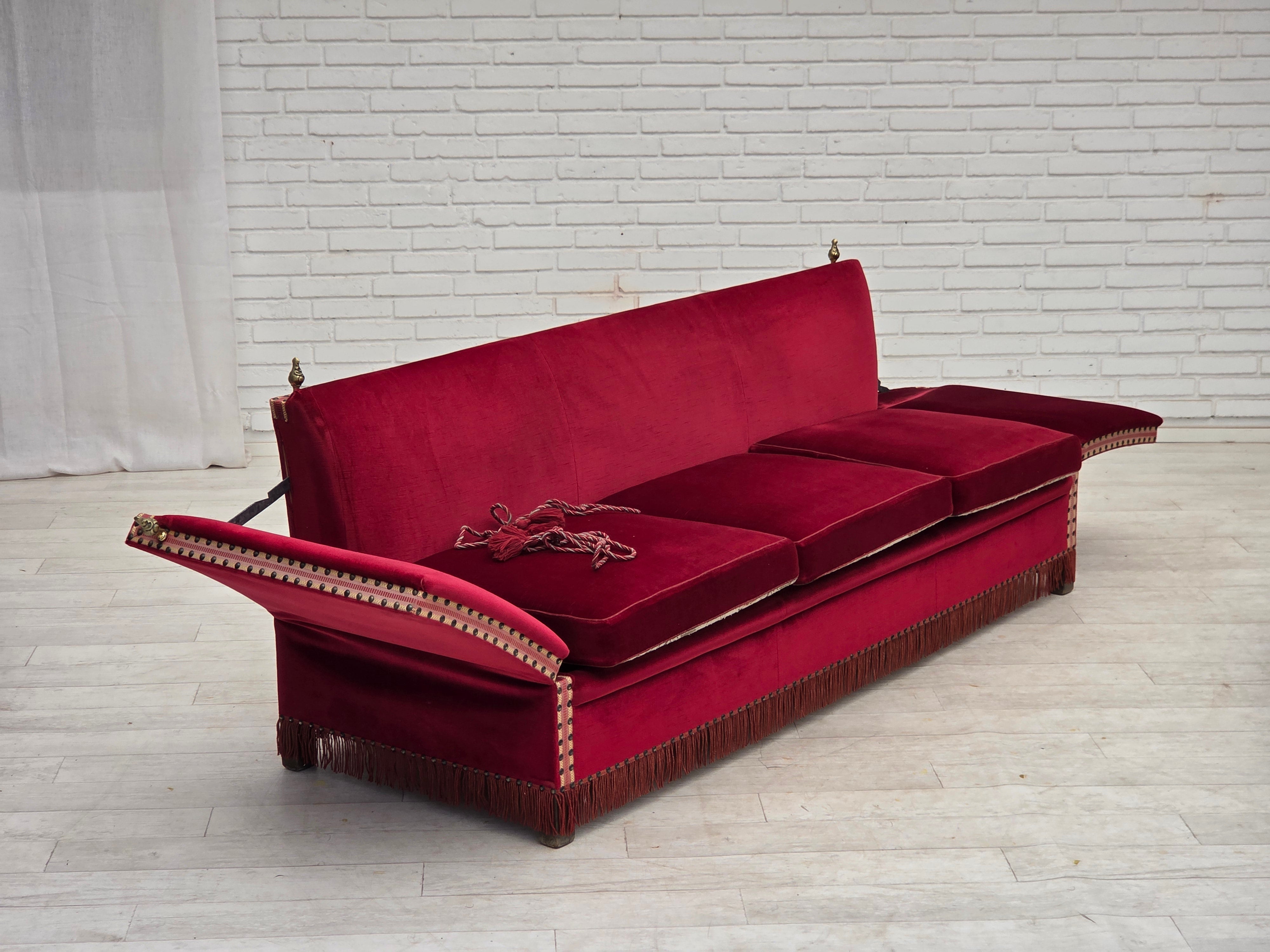Danish_Drop-Arm_Spanish_3-Seater_Sofa_in_Red_Velour_with_Ash_Legs,_1970s