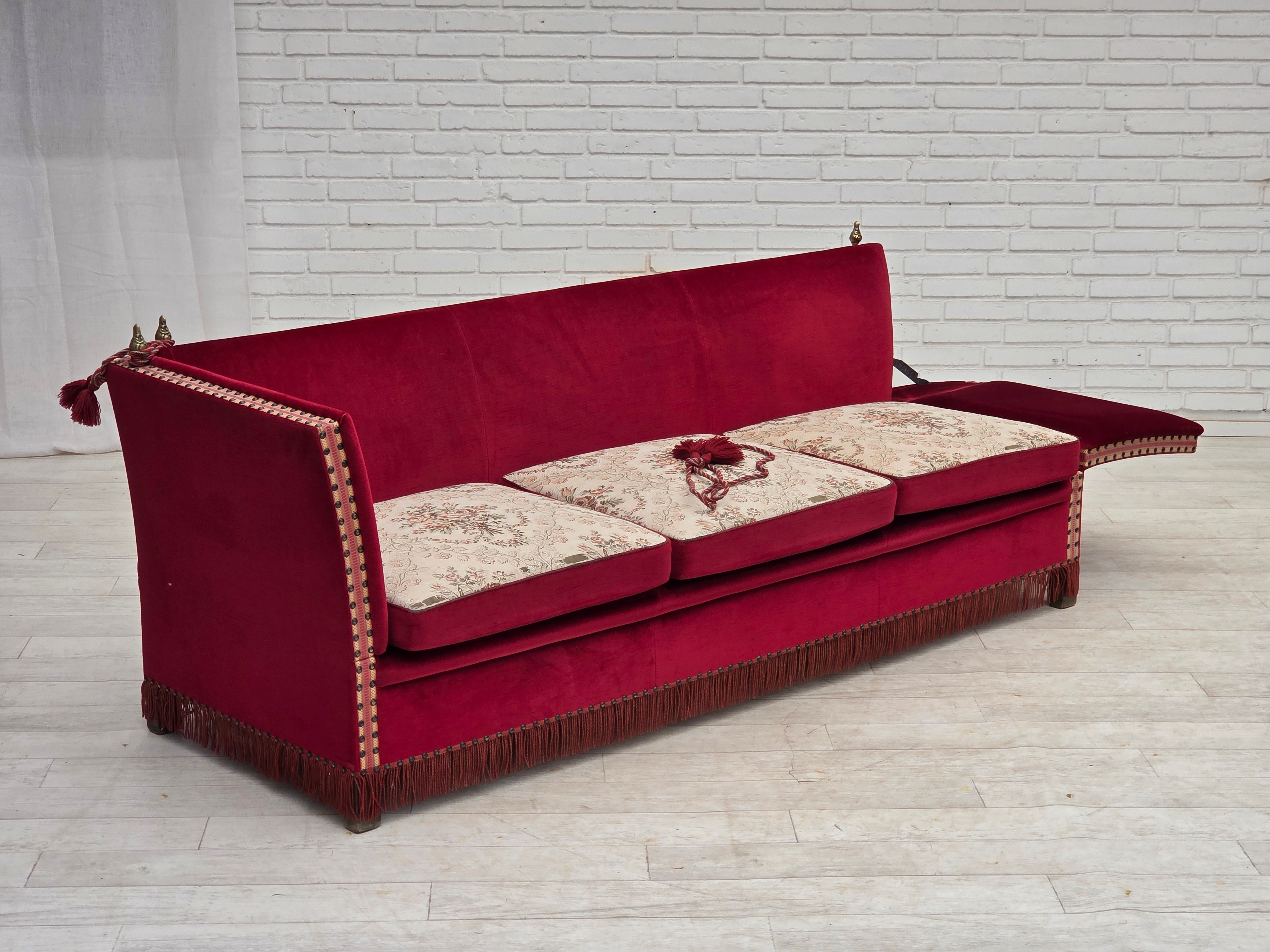 Danish_Drop-Arm_Spanish_3-Seater_Sofa_in_Red_Velour_with_Ash_Legs,_1970s
