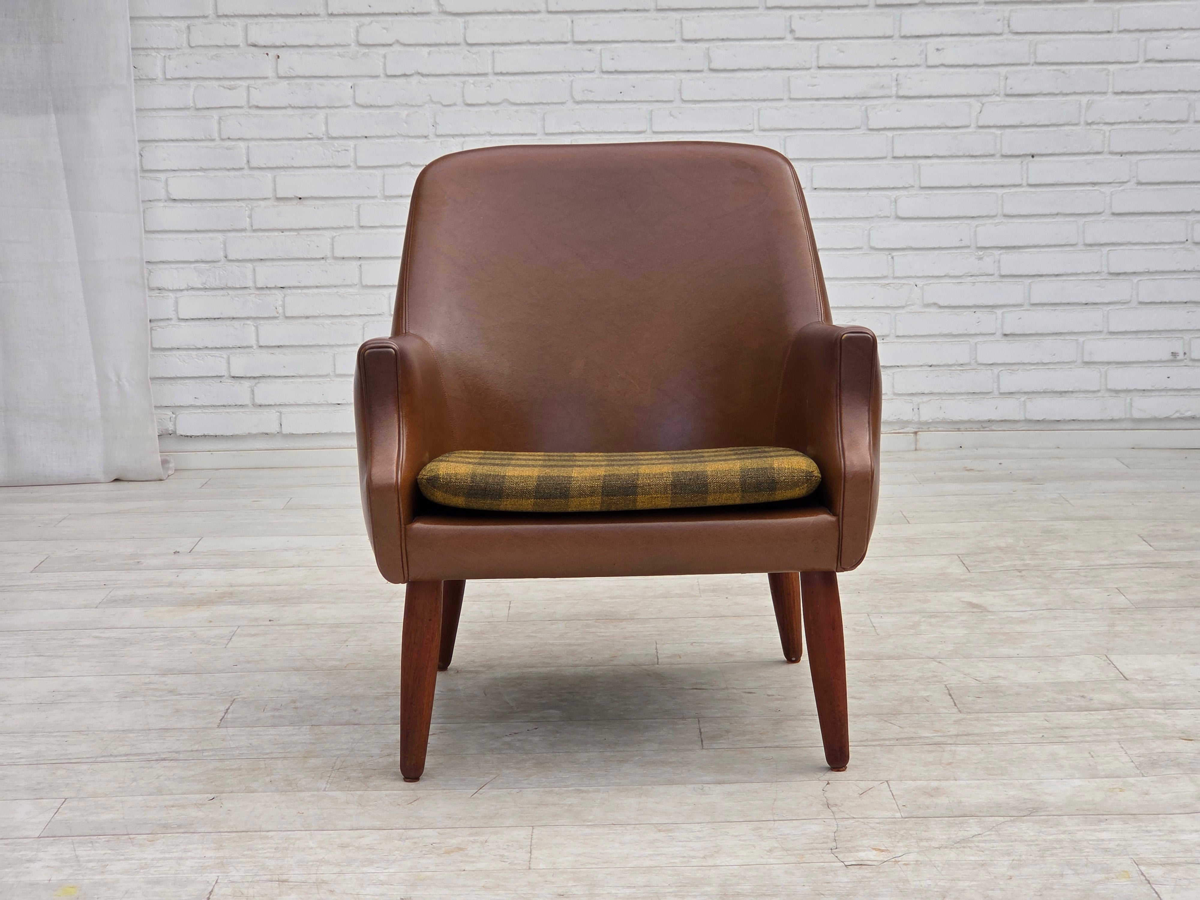 Danish_Armchair_in_Brown_Faux_Leather_and_Wool_with_Teak_Legs,_1970s