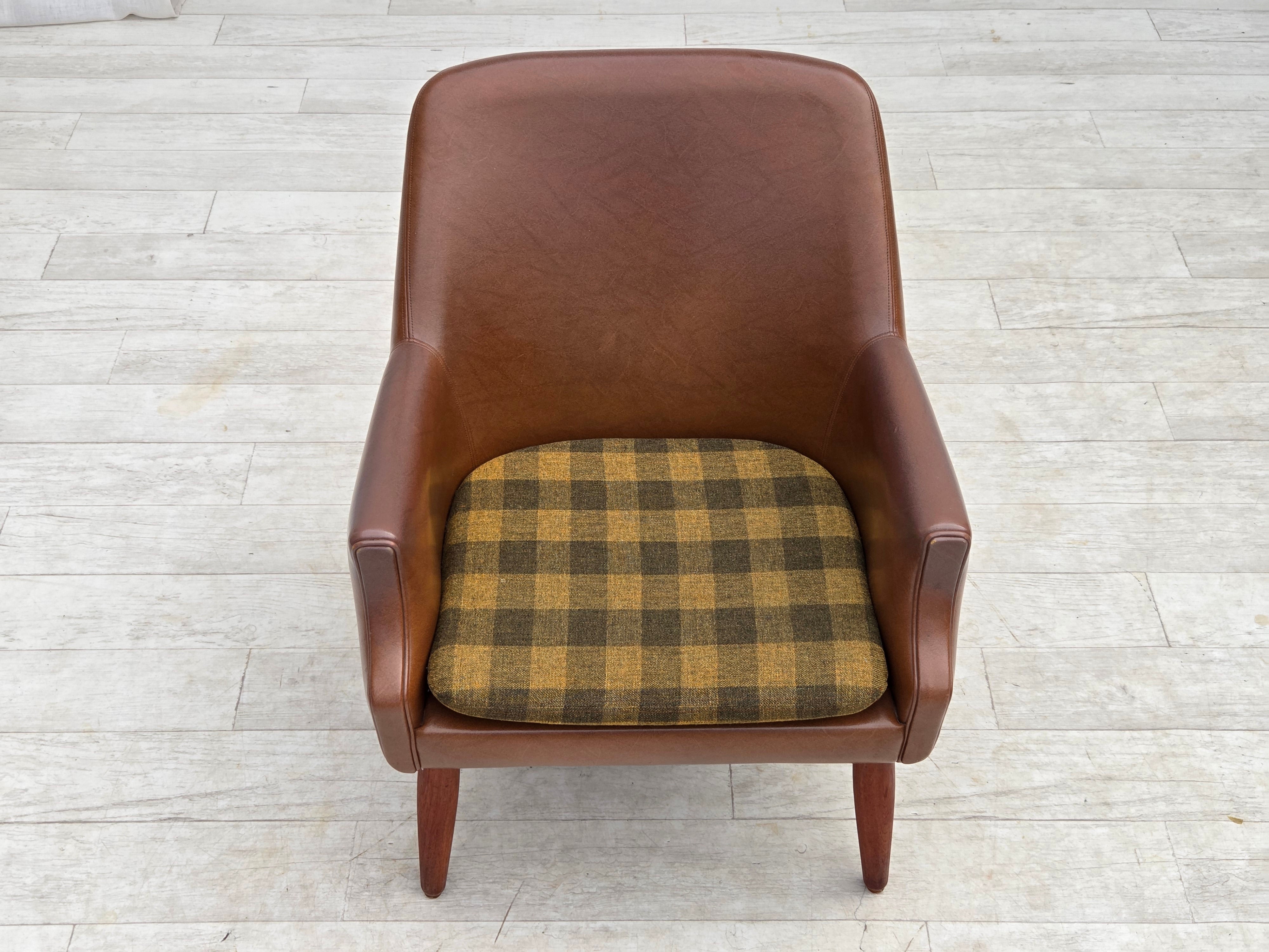 Danish_Armchair_in_Brown_Faux_Leather_and_Wool_with_Teak_Legs,_1970s