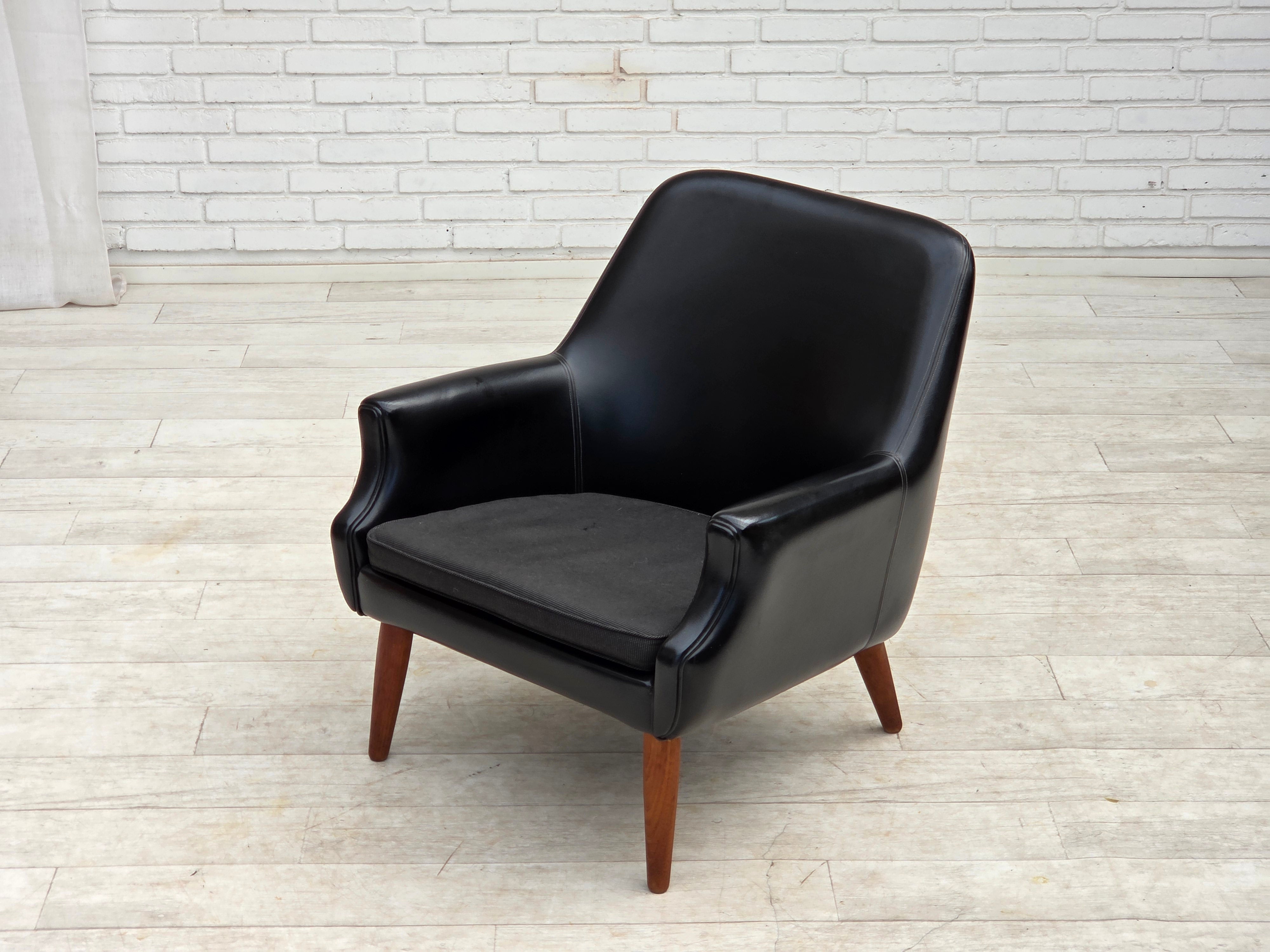 Danish_Armchair_in_Black_Faux_Leather_and_Wool_with_Teak_Legs,_1970s