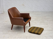 Danish_Armchair_in_Brown_Faux_Leather_and_Wool_with_Teak_Legs,_1970s