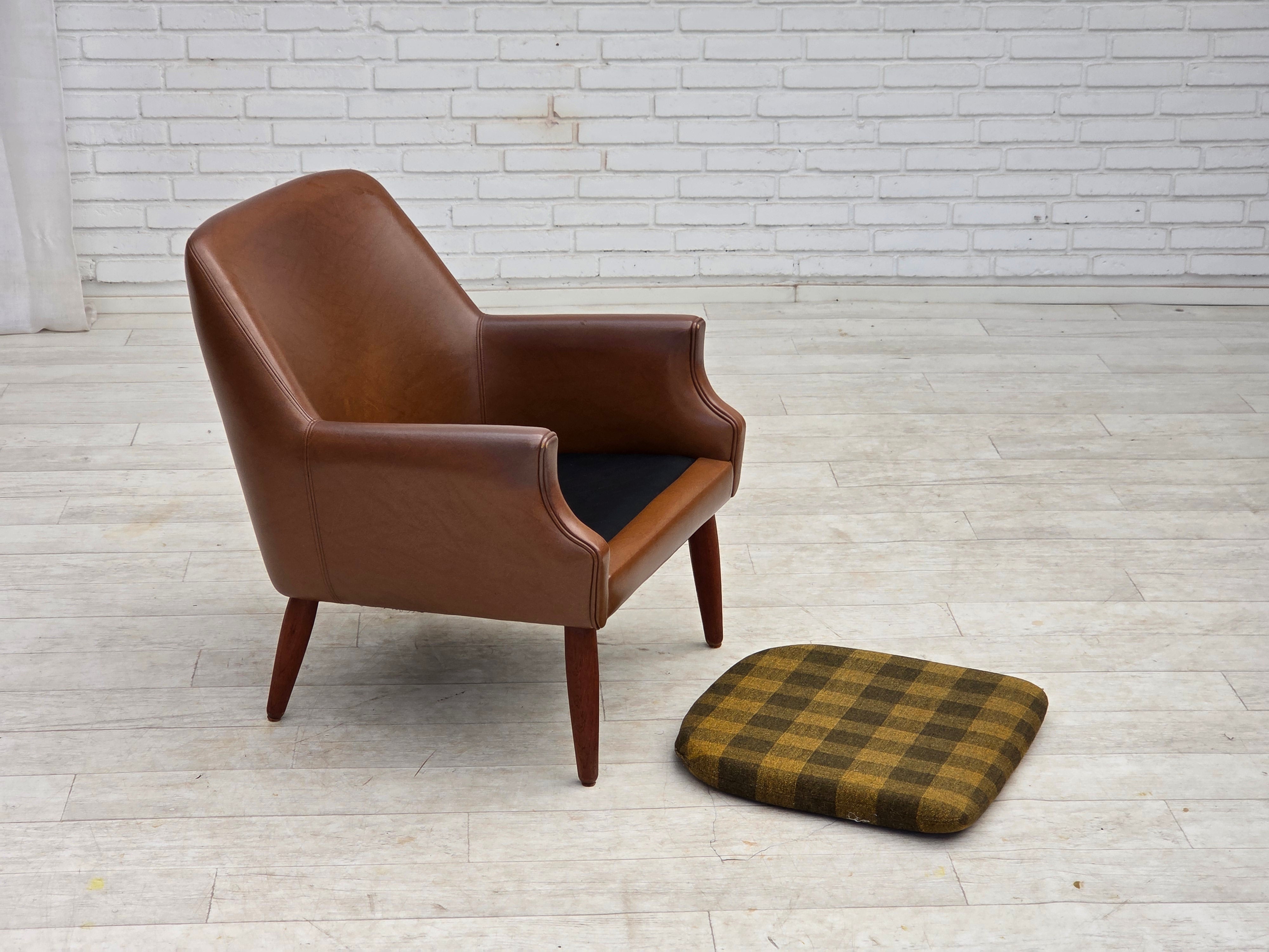 Danish_Armchair_in_Brown_Faux_Leather_and_Wool_with_Teak_Legs,_1970s