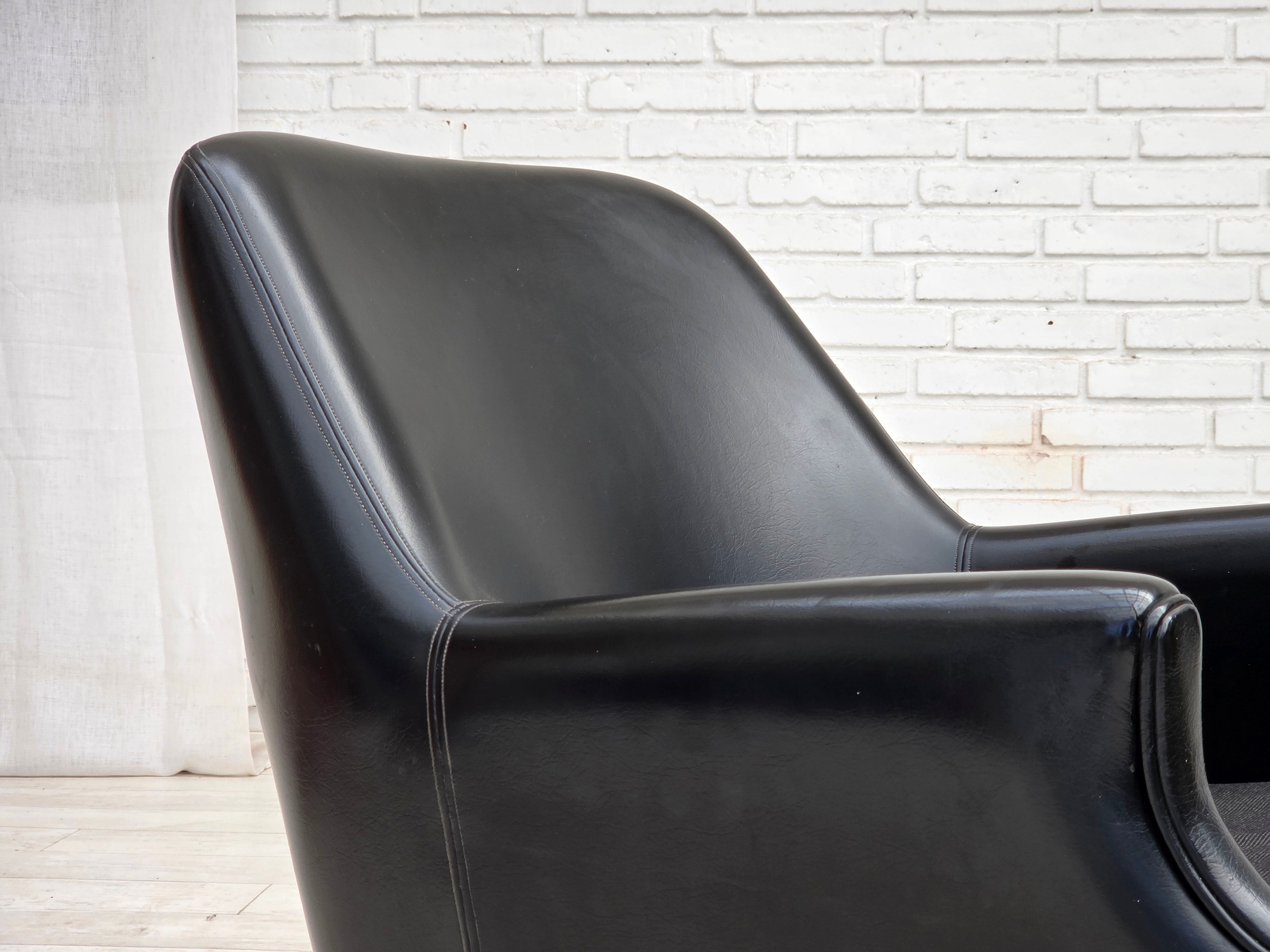 Danish_Armchair_in_Black_Faux_Leather_and_Wool_with_Teak_Legs,_1970s