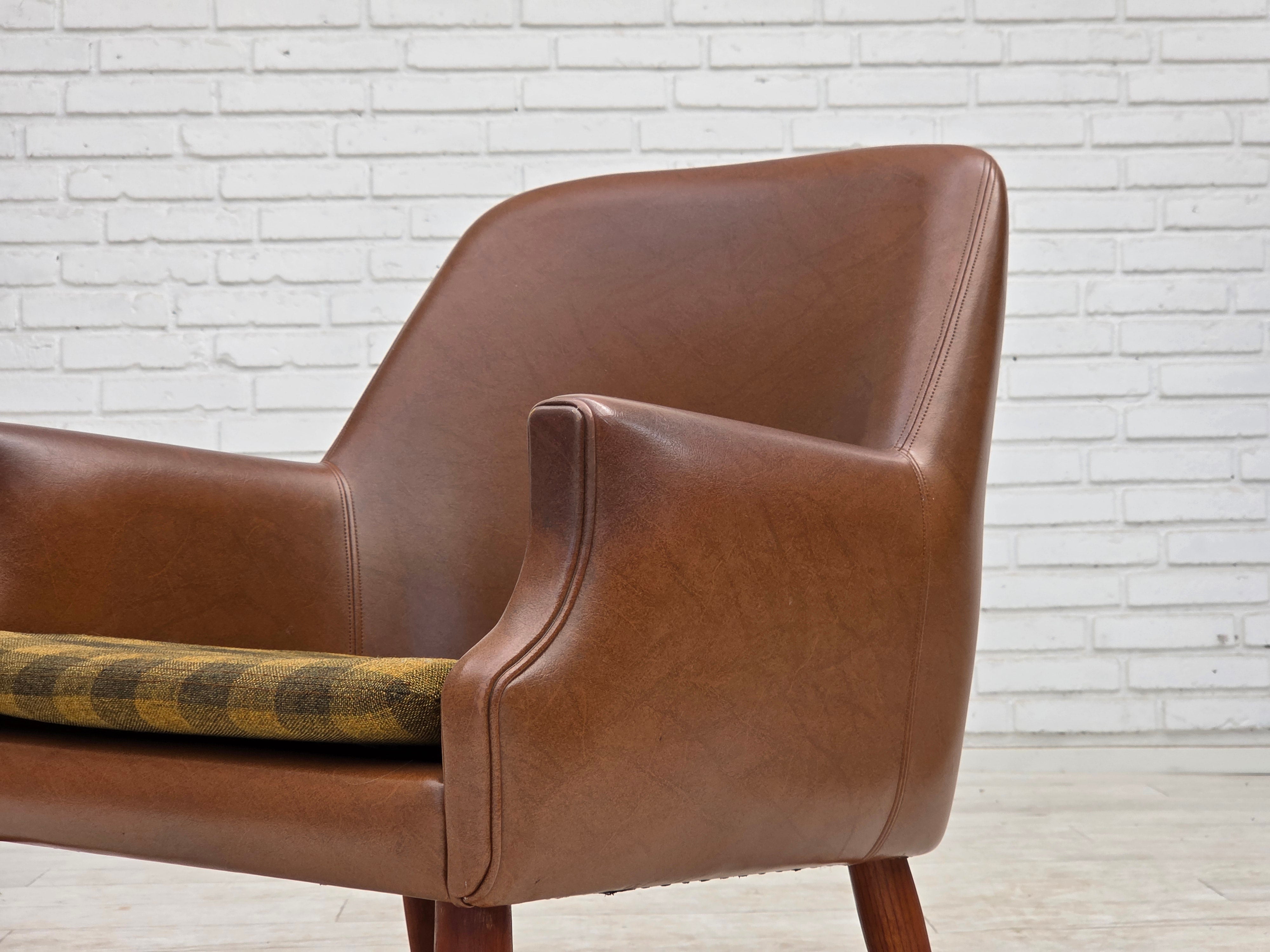 Danish_Armchair_in_Brown_Faux_Leather_and_Wool_with_Teak_Legs,_1970s