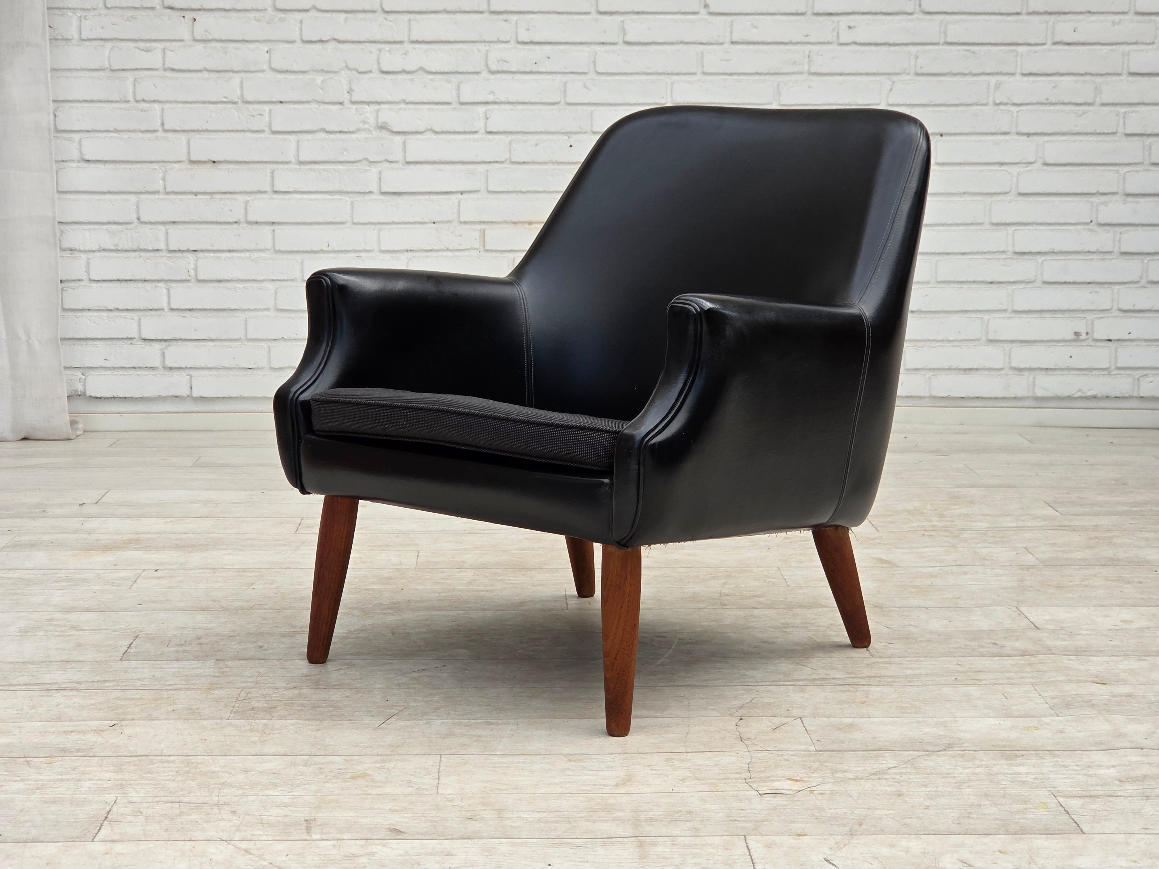 Danish_Armchair_in_Black_Faux_Leather_and_Wool_with_Teak_Legs,_1970s