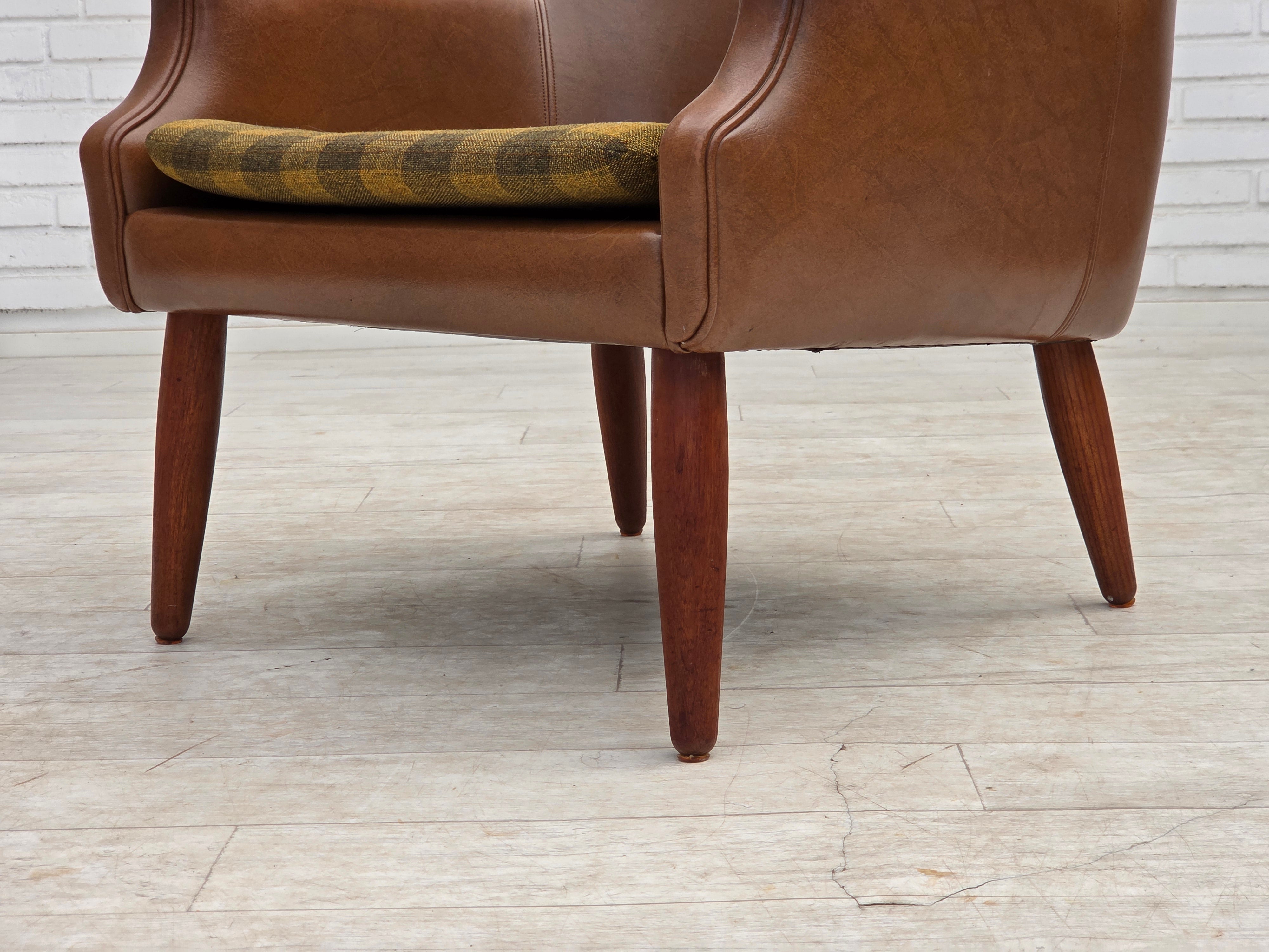 Danish_Armchair_in_Brown_Faux_Leather_and_Wool_with_Teak_Legs,_1970s