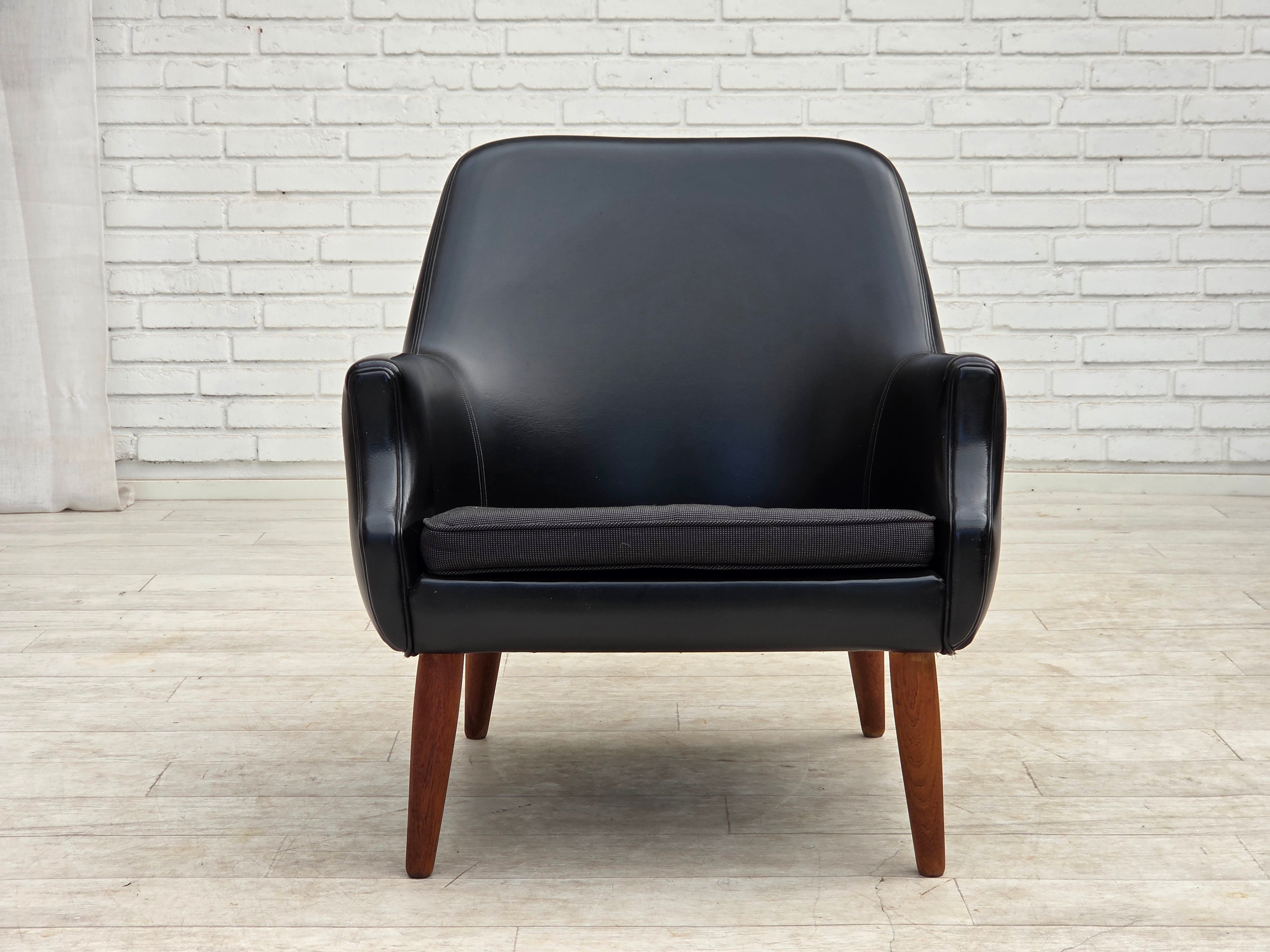 Danish_Armchair_in_Black_Faux_Leather_and_Wool_with_Teak_Legs,_1970s