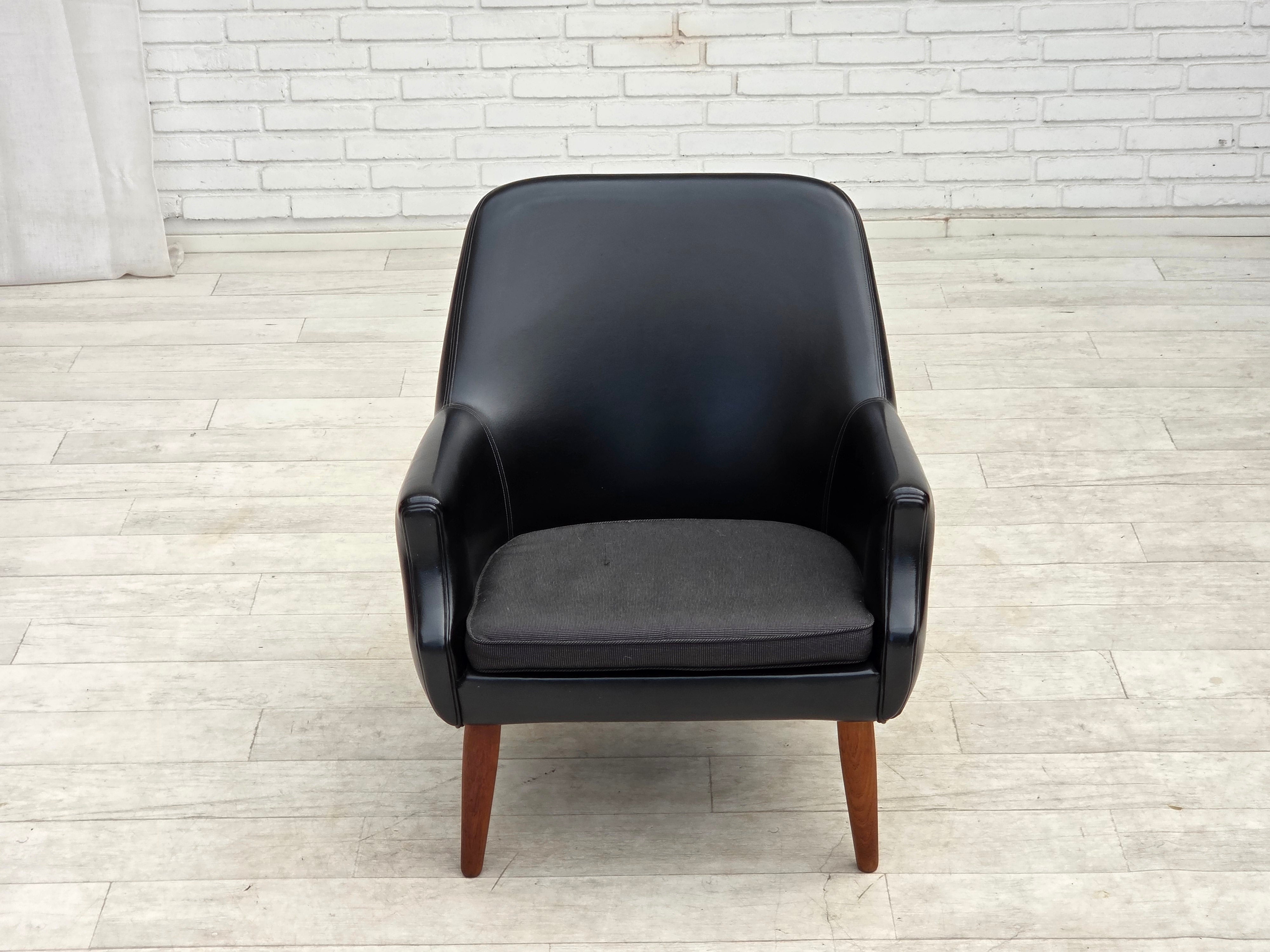 Danish_Armchair_in_Black_Faux_Leather_and_Wool_with_Teak_Legs,_1970s