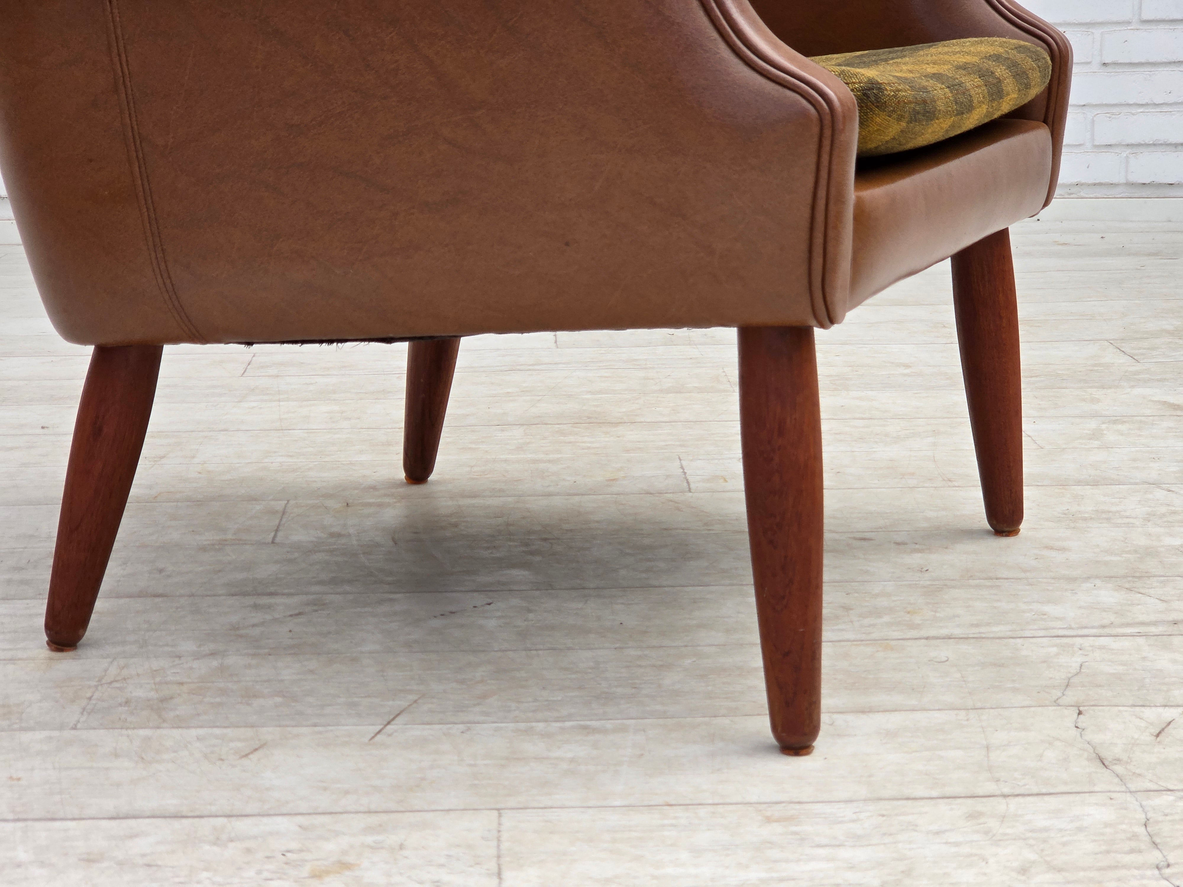 Danish_Armchair_in_Brown_Faux_Leather_and_Wool_with_Teak_Legs,_1970s