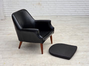 Danish_Armchair_in_Black_Faux_Leather_and_Wool_with_Teak_Legs,_1970s