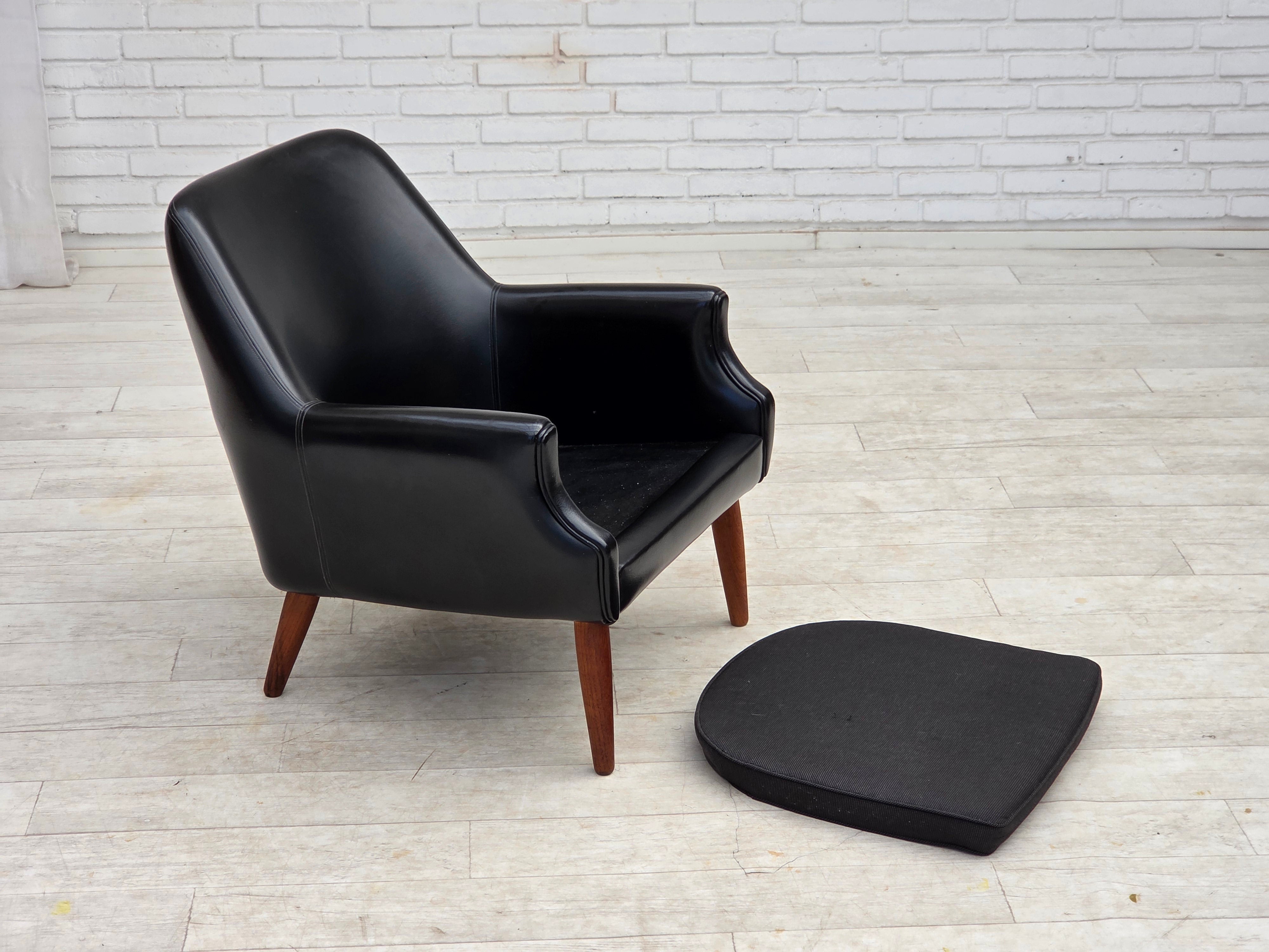 Danish_Armchair_in_Black_Faux_Leather_and_Wool_with_Teak_Legs,_1970s