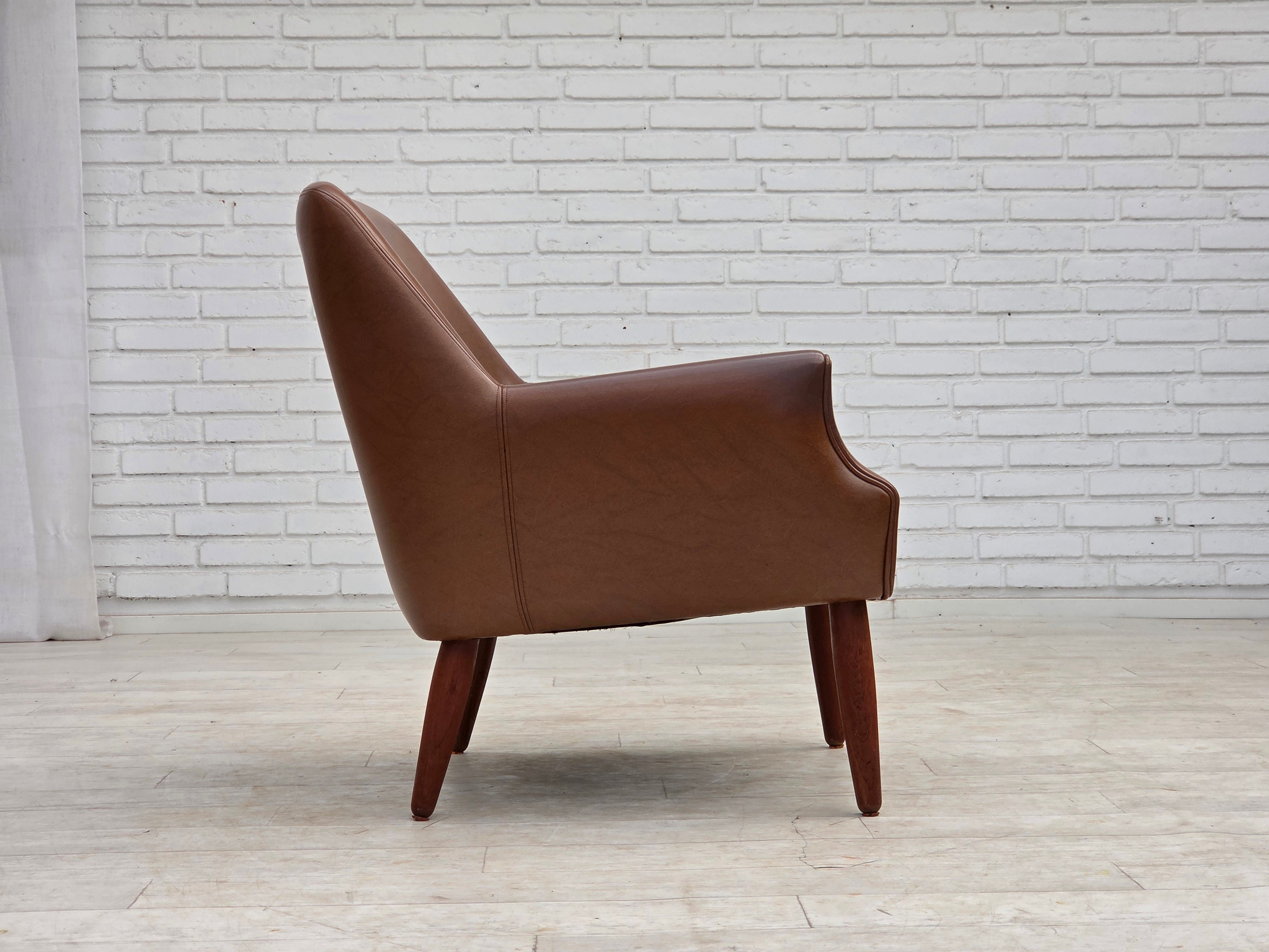 Danish_Armchair_in_Brown_Faux_Leather_and_Wool_with_Teak_Legs,_1970s