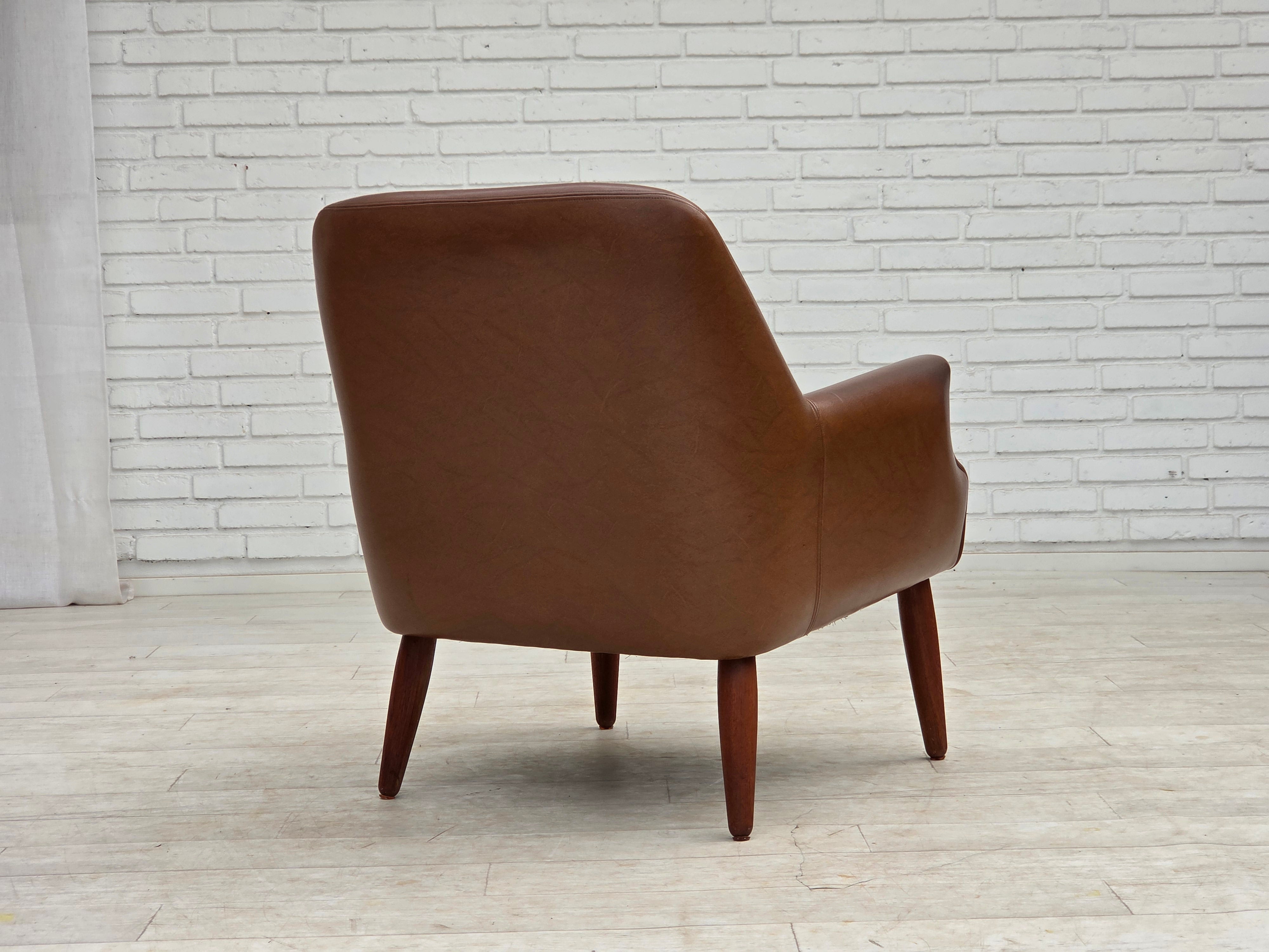 Danish_Armchair_in_Brown_Faux_Leather_and_Wool_with_Teak_Legs,_1970s