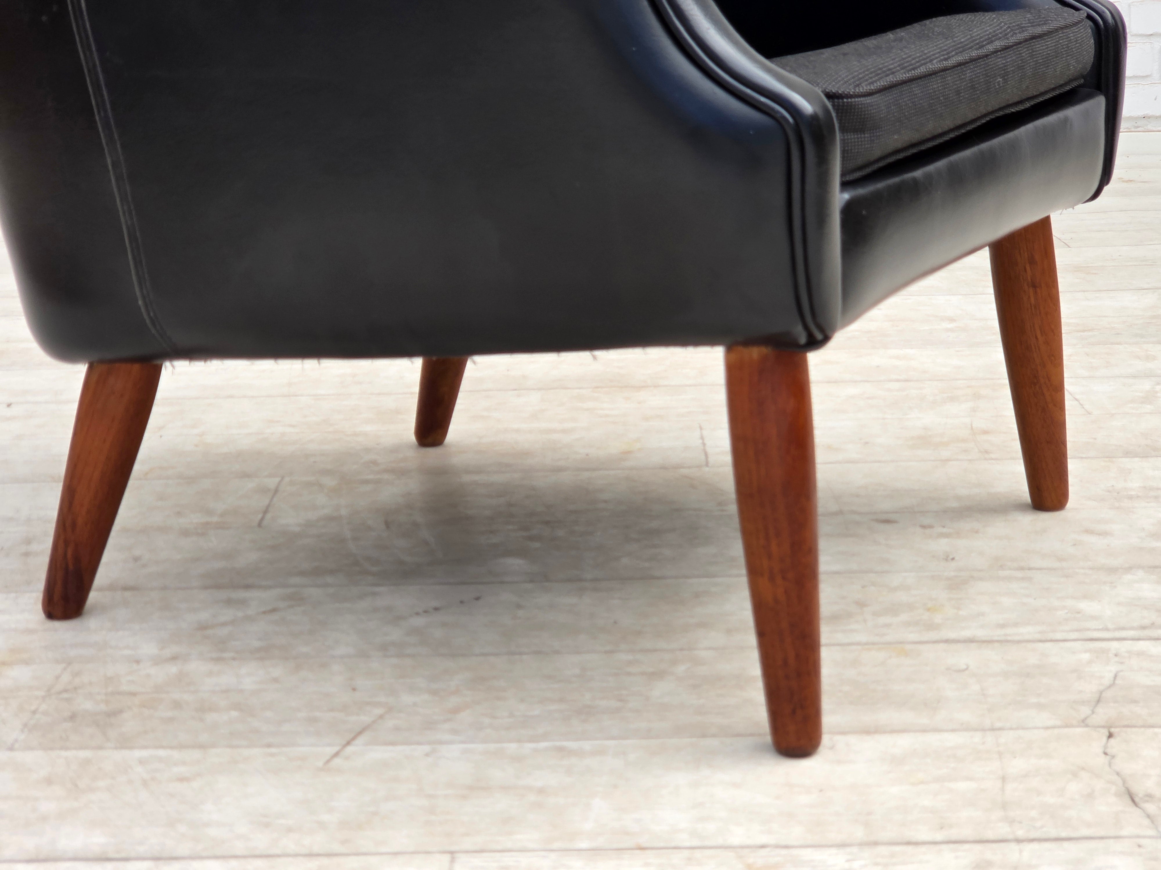 Danish_Armchair_in_Black_Faux_Leather_and_Wool_with_Teak_Legs,_1970s