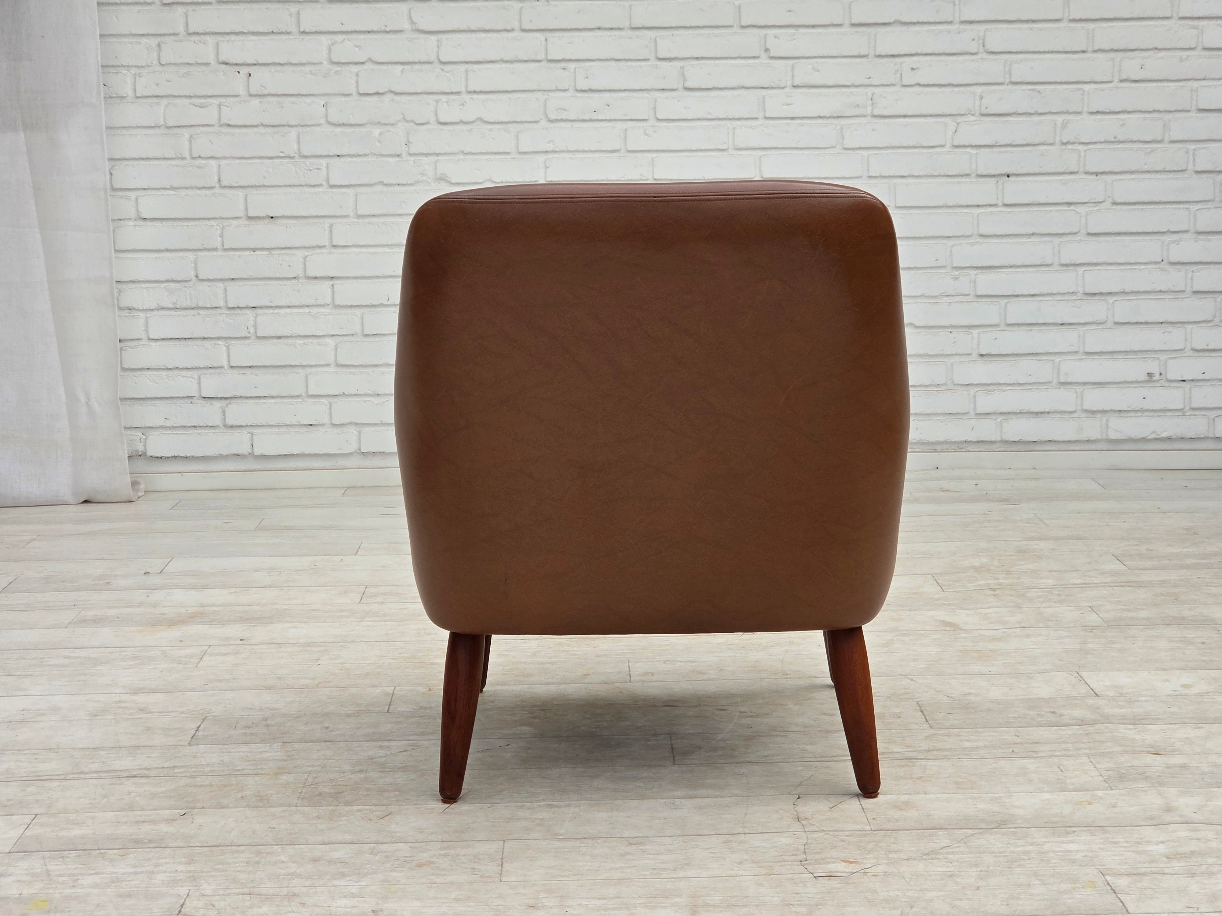 Danish_Armchair_in_Brown_Faux_Leather_and_Wool_with_Teak_Legs,_1970s