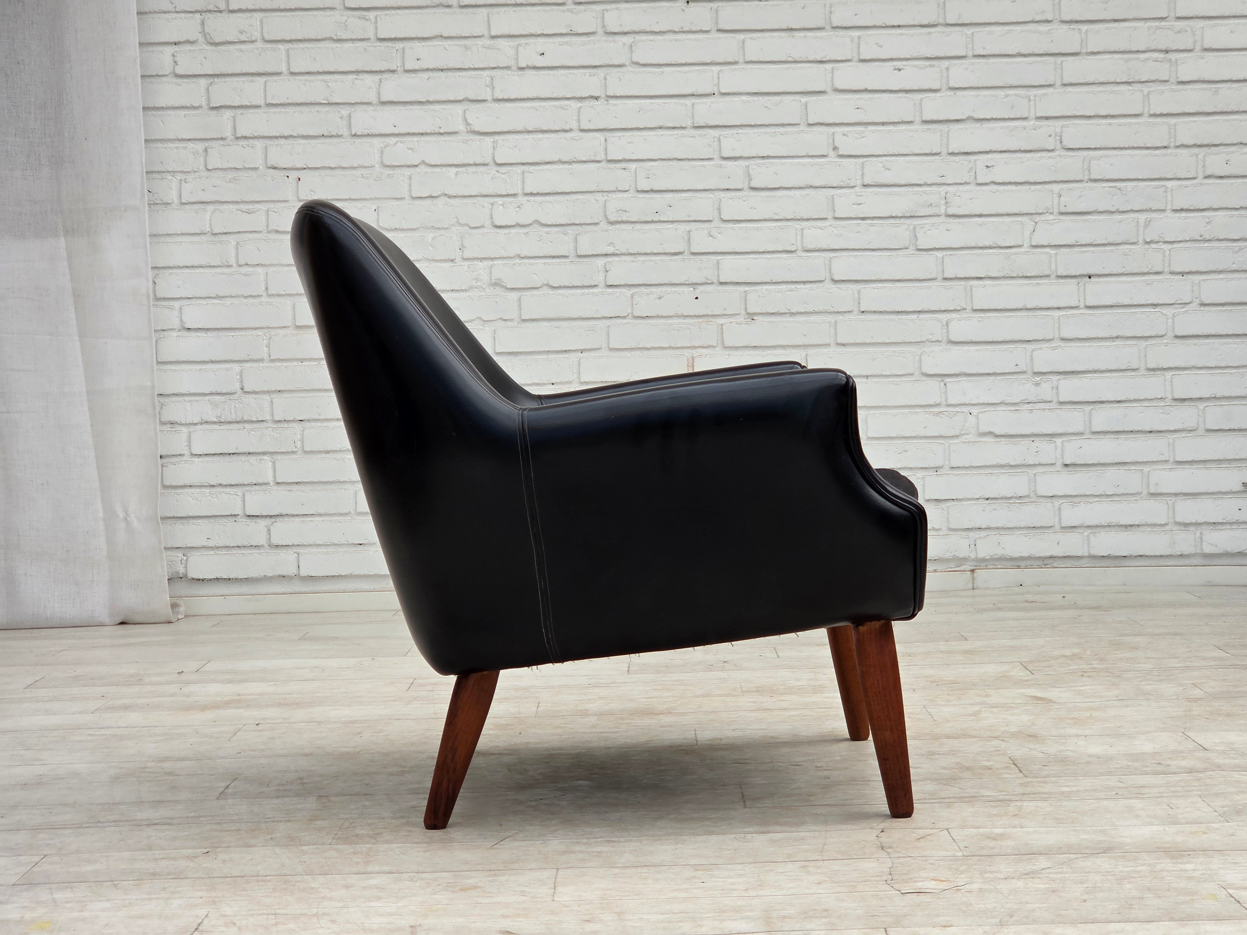 Danish_Armchair_in_Black_Faux_Leather_and_Wool_with_Teak_Legs,_1970s