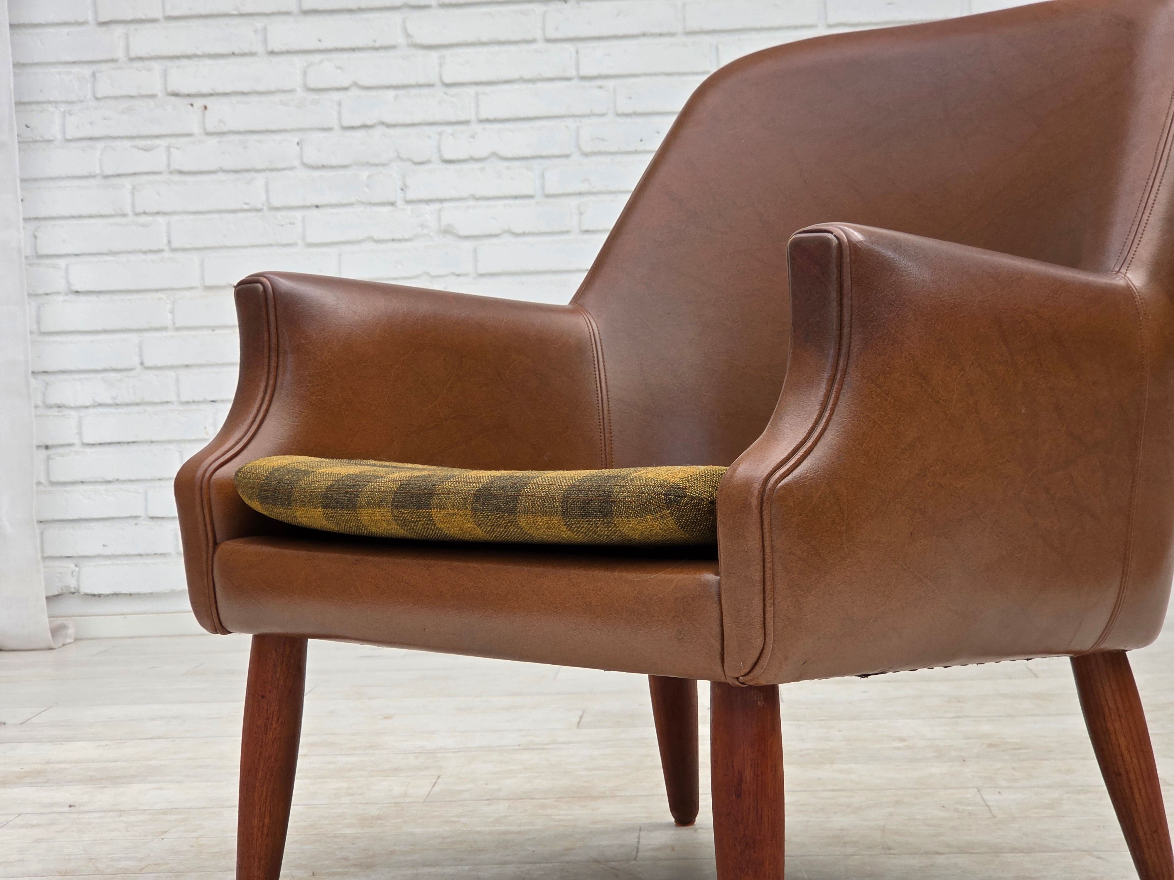 Danish_Armchair_in_Brown_Faux_Leather_and_Wool_with_Teak_Legs,_1970s