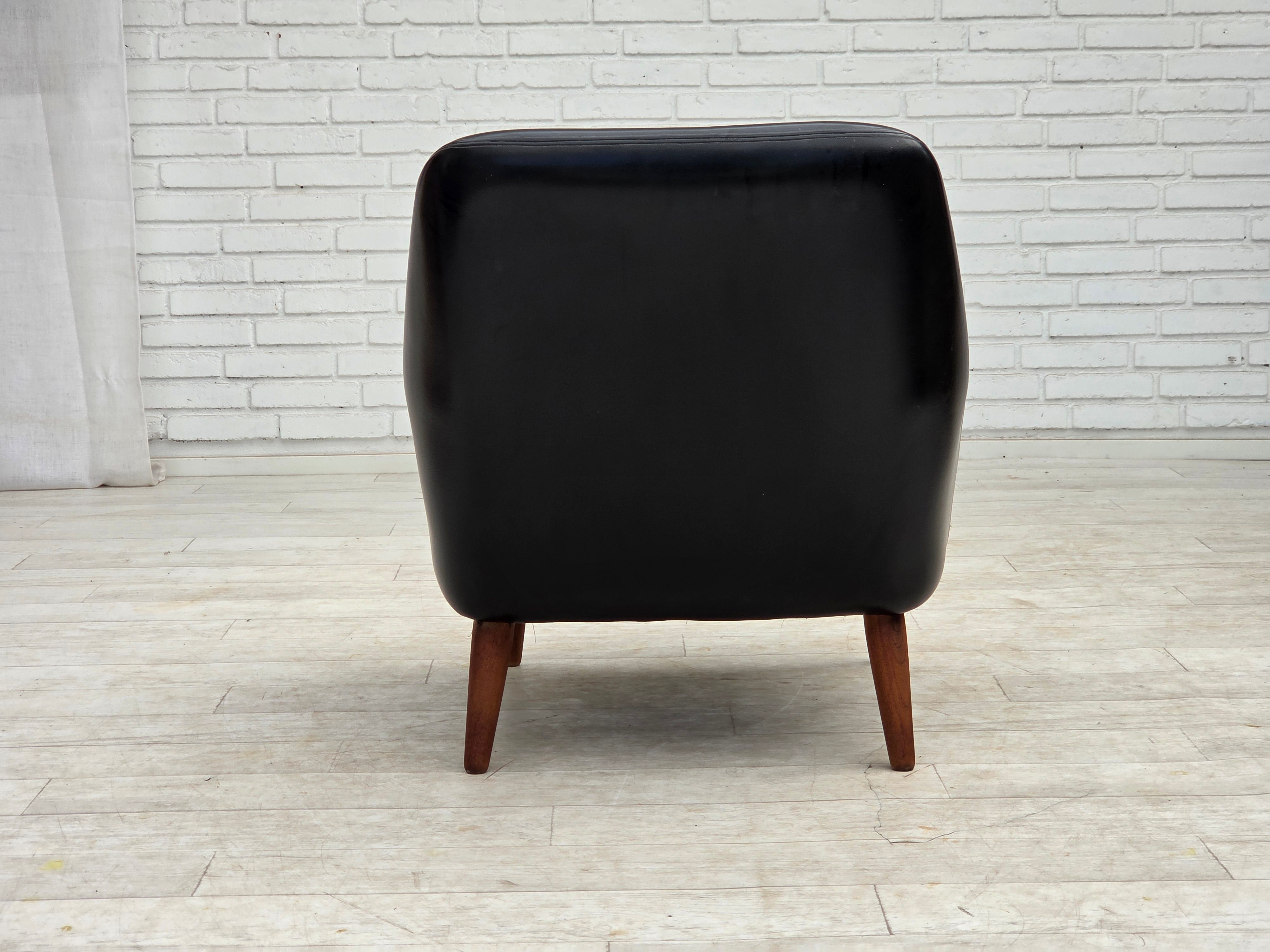 Danish_Armchair_in_Black_Faux_Leather_and_Wool_with_Teak_Legs,_1970s
