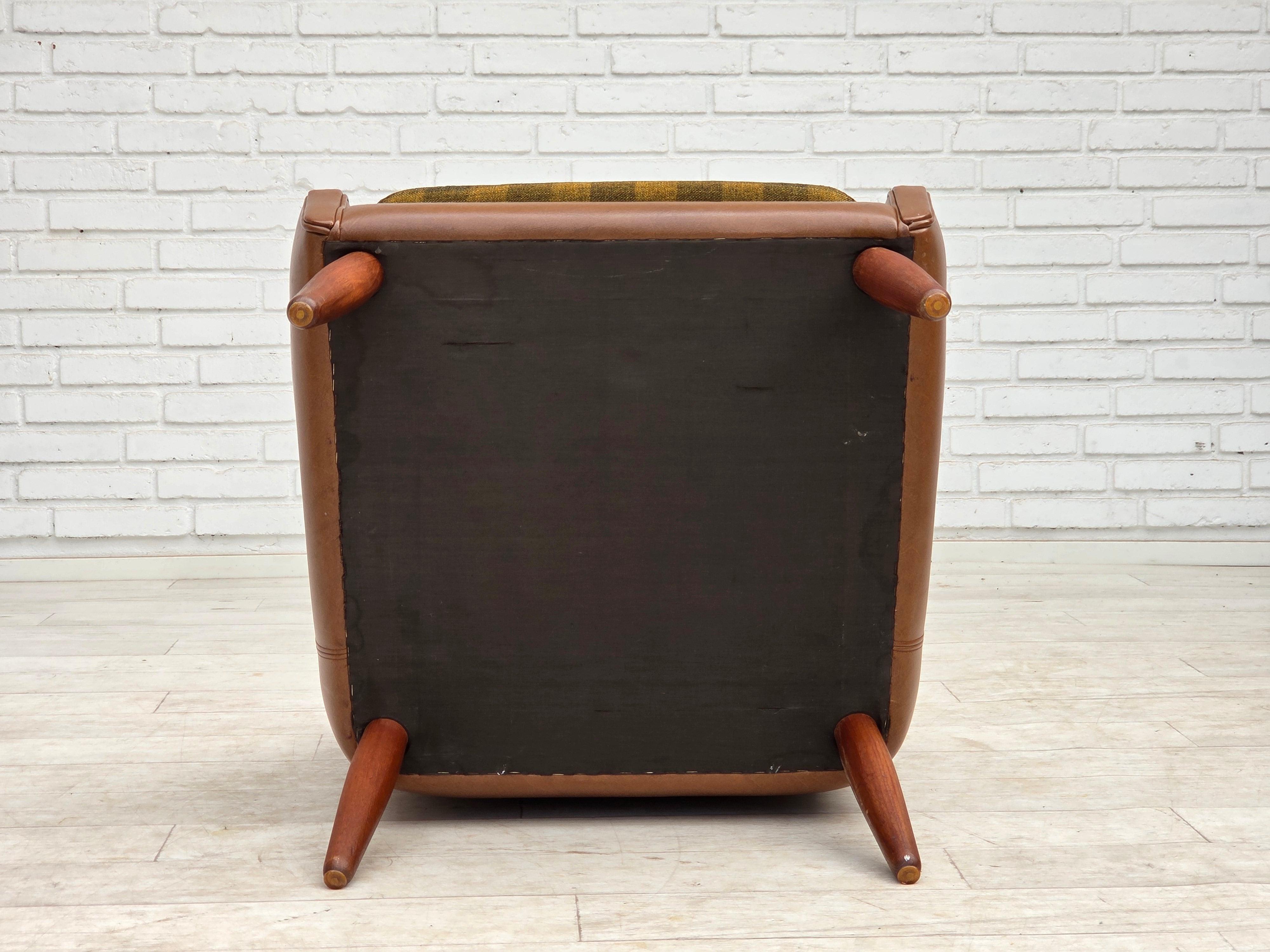 Danish_Armchair_in_Brown_Faux_Leather_and_Wool_with_Teak_Legs,_1970s