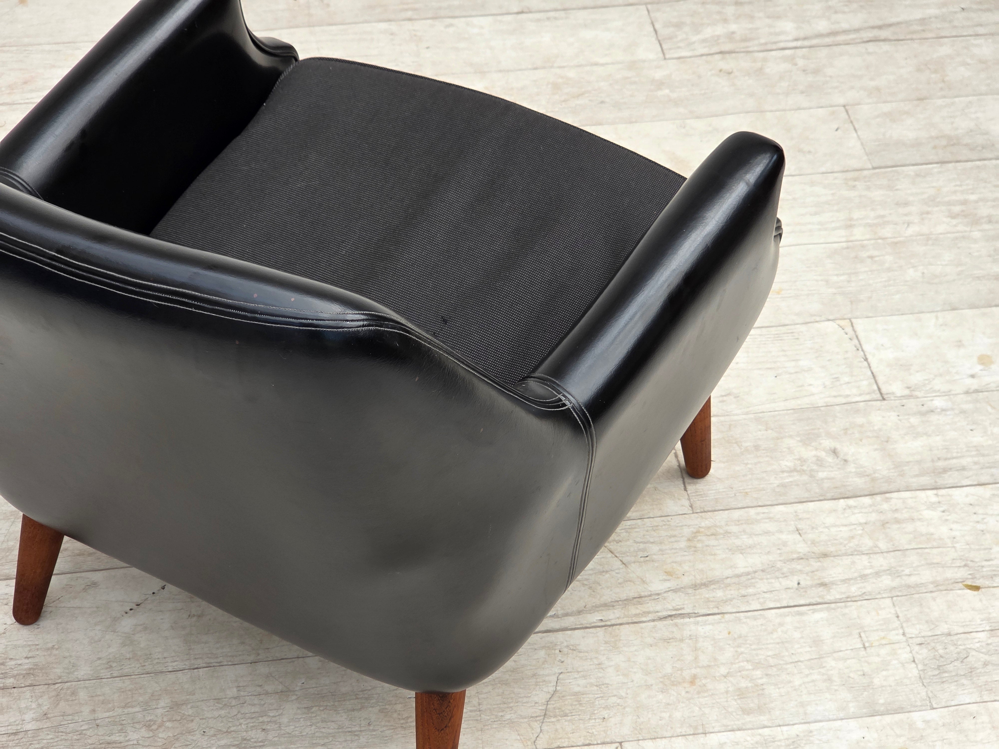 Danish_Armchair_in_Black_Faux_Leather_and_Wool_with_Teak_Legs,_1970s