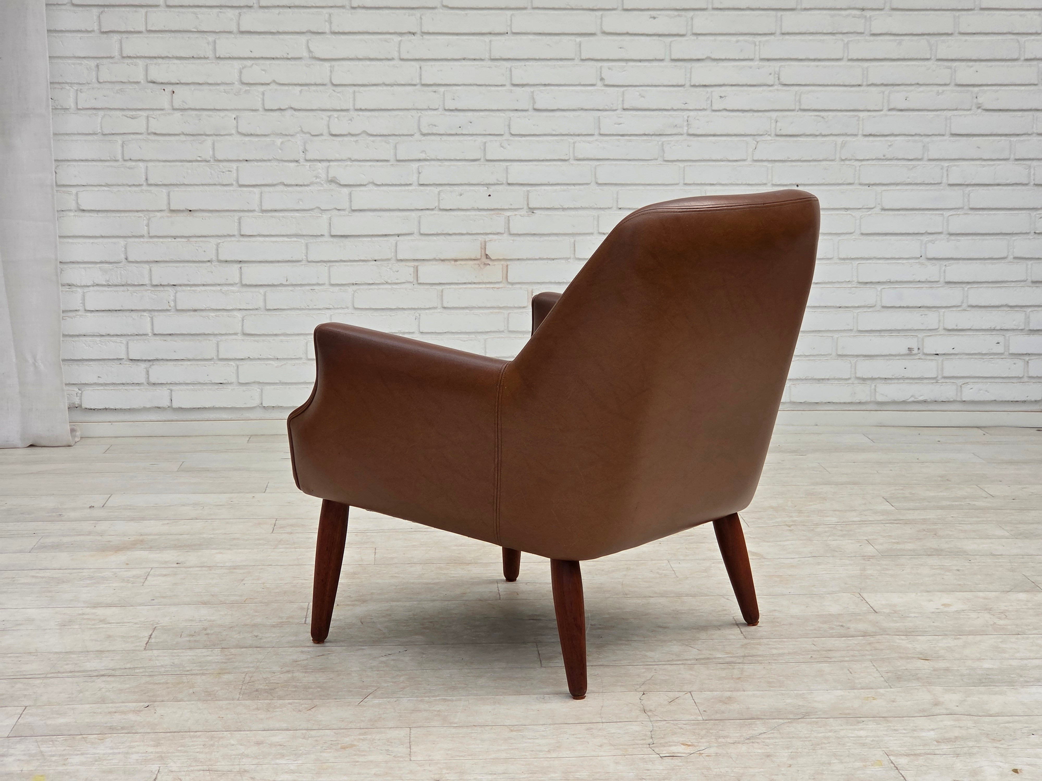 Danish_Armchair_in_Brown_Faux_Leather_and_Wool_with_Teak_Legs,_1970s