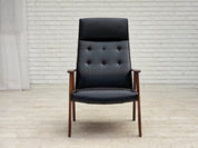 Danish_Armchair_in_Black_Faux_Leather_with_Teak_Legs_and_Armrests,_1970s