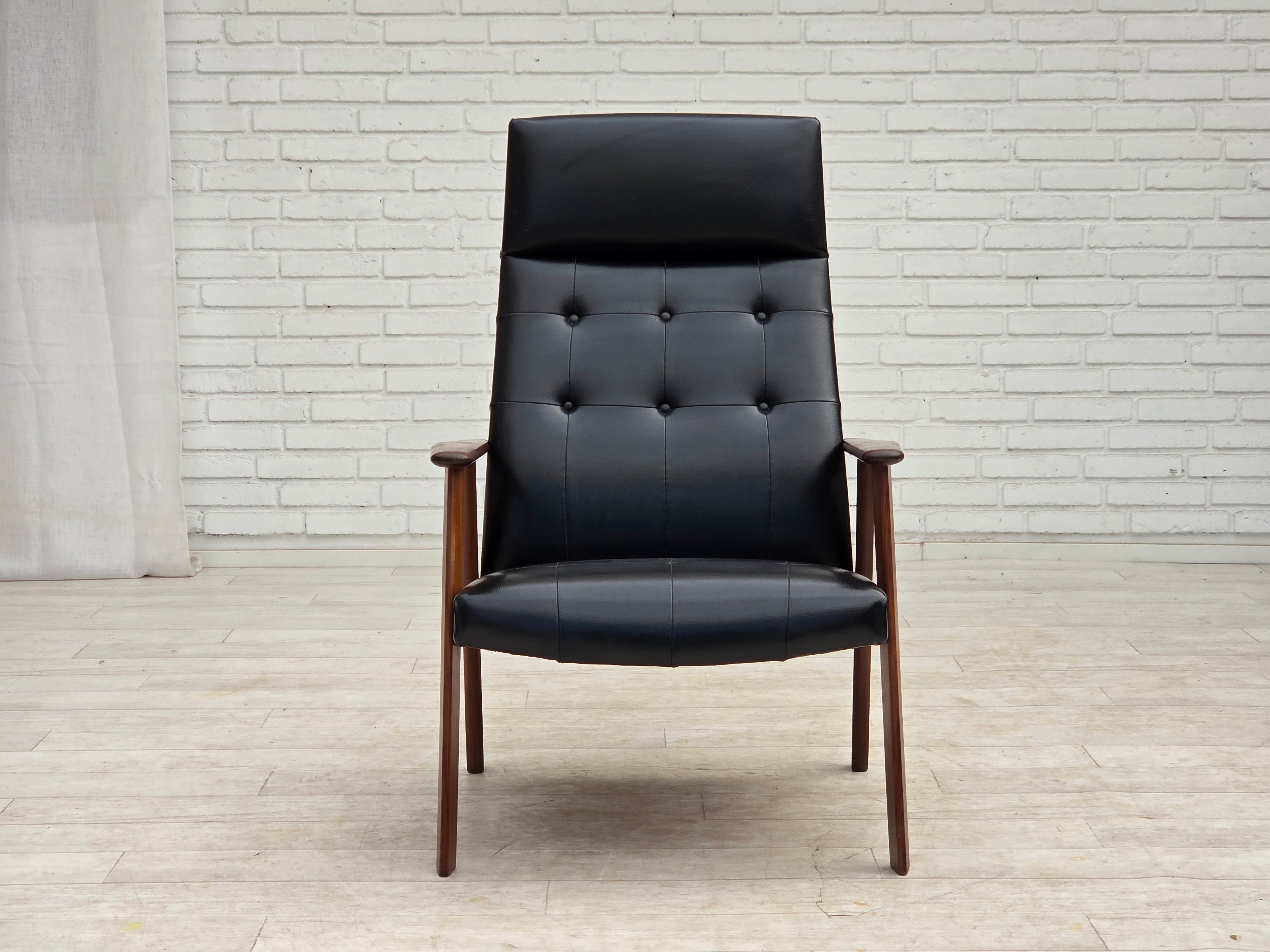 Danish_Armchair_in_Black_Faux_Leather_with_Teak_Legs_and_Armrests,_1970s