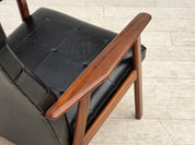Danish_Armchair_in_Black_Faux_Leather_with_Teak_Legs_and_Armrests,_1970s
