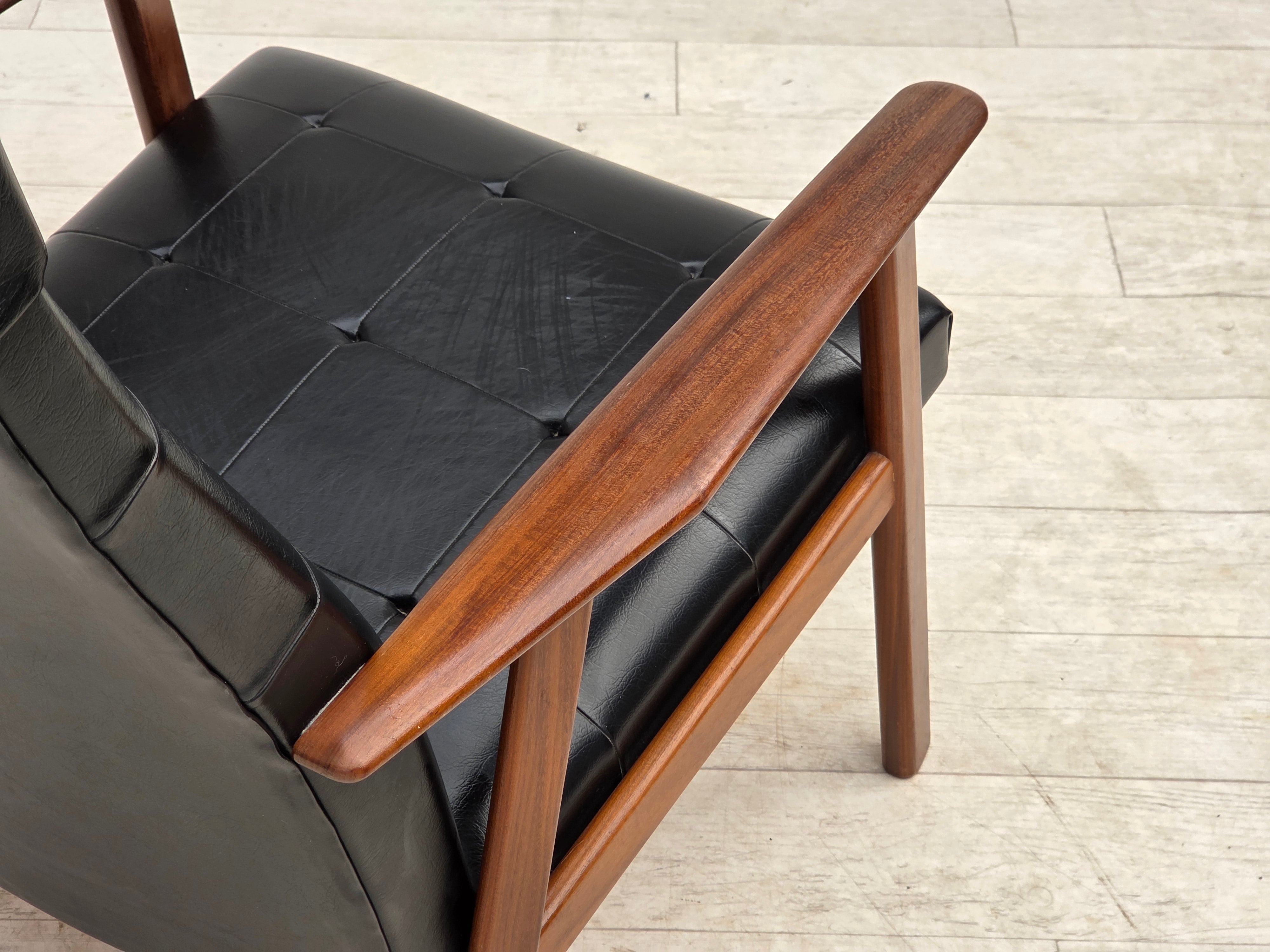 Danish_Armchair_in_Black_Faux_Leather_with_Teak_Legs_and_Armrests,_1970s