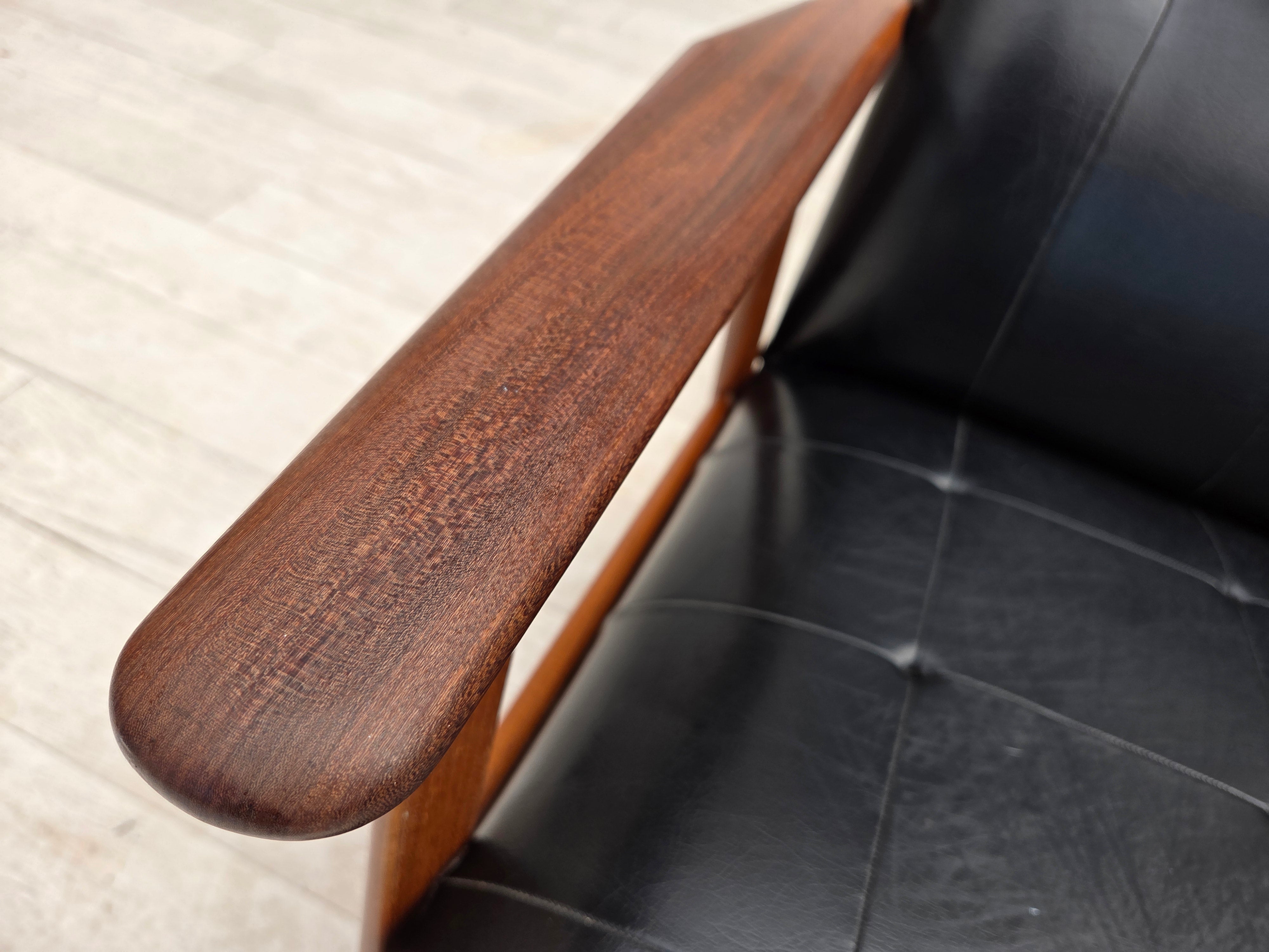 Danish_Armchair_in_Black_Faux_Leather_with_Teak_Legs_and_Armrests,_1970s
