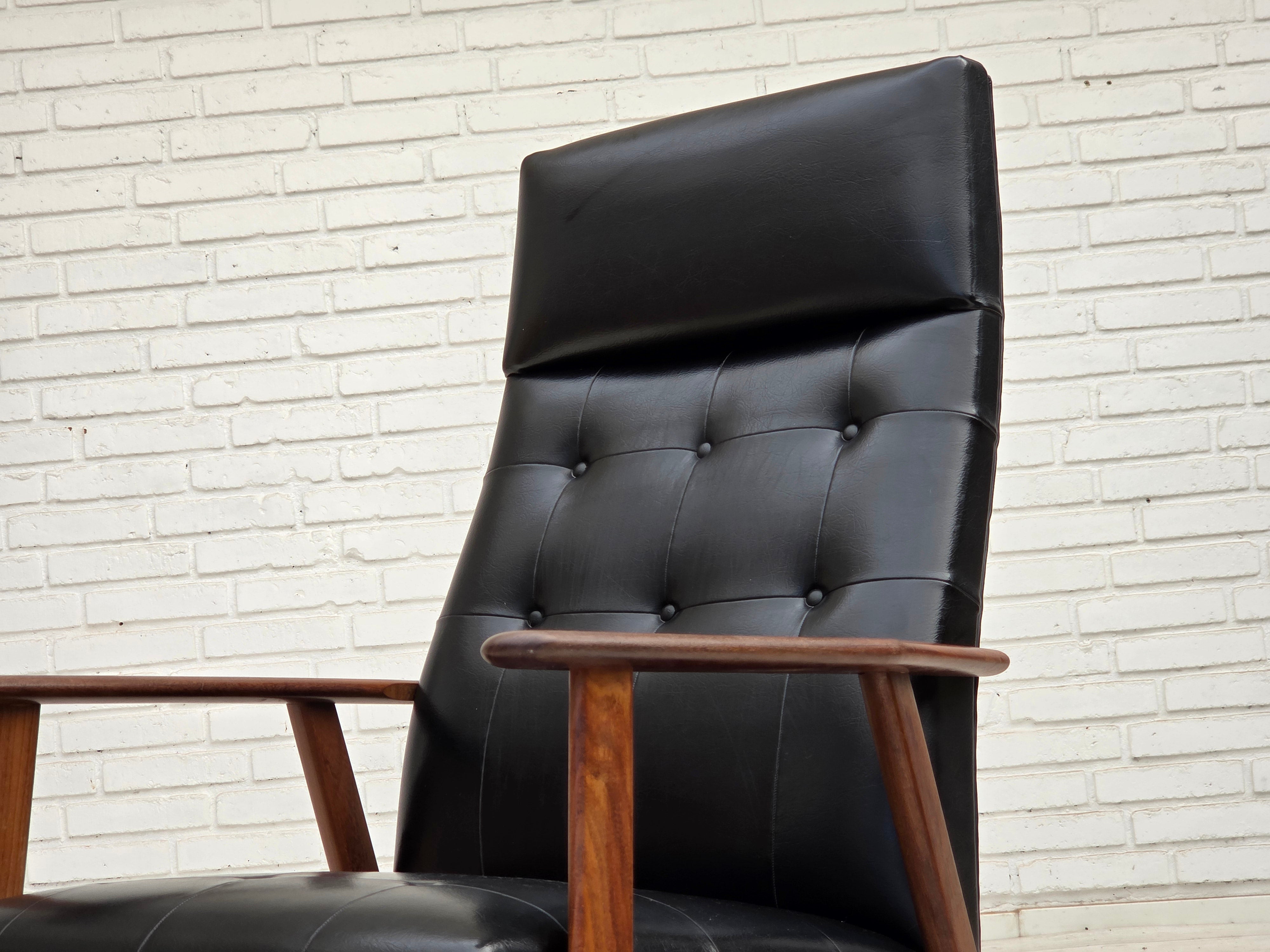 Danish_Armchair_in_Black_Faux_Leather_with_Teak_Legs_and_Armrests,_1970s