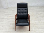 Danish_Armchair_in_Black_Faux_Leather_with_Teak_Legs_and_Armrests,_1970s