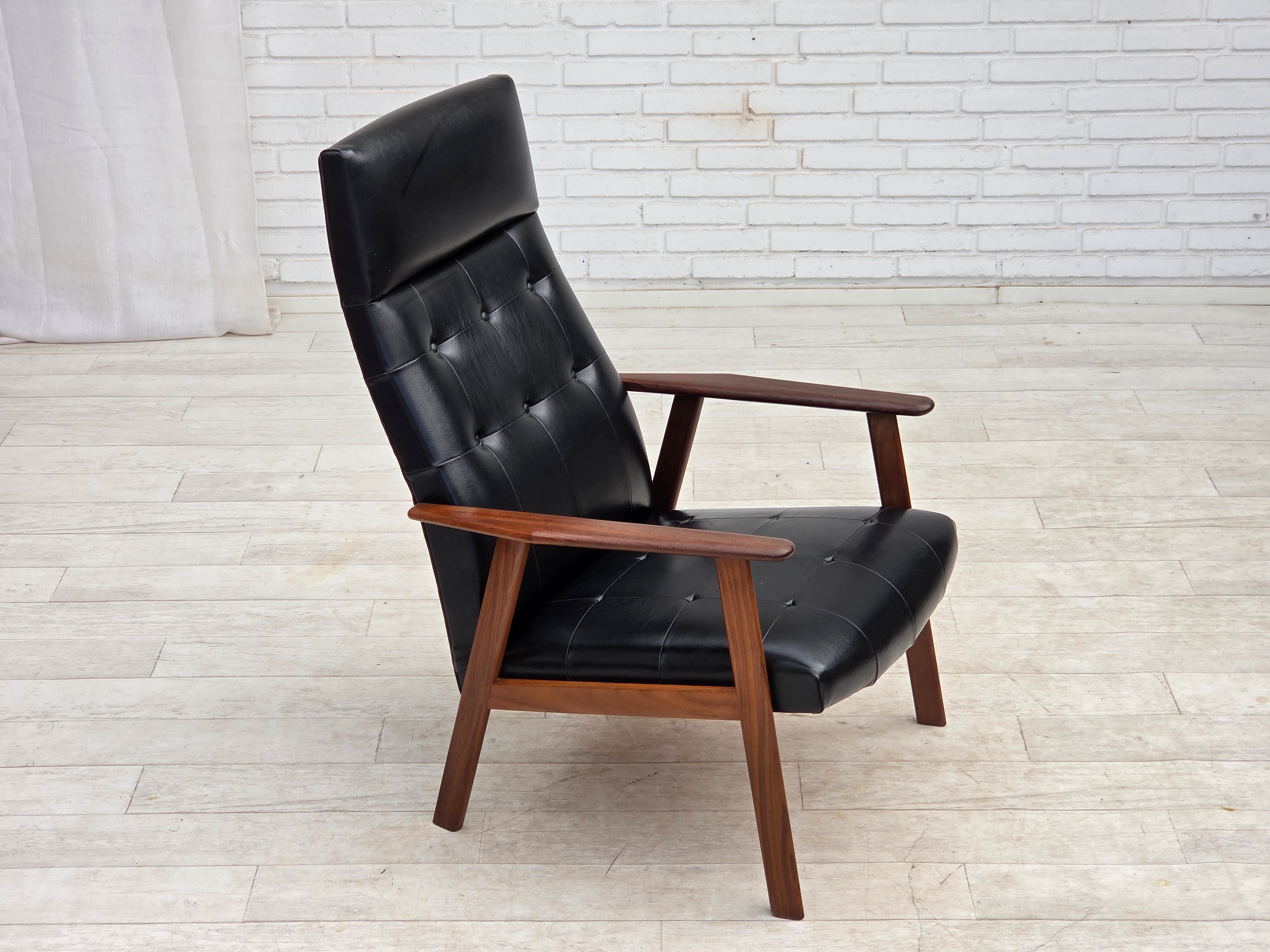 Danish_Armchair_in_Black_Faux_Leather_with_Teak_Legs_and_Armrests,_1970s