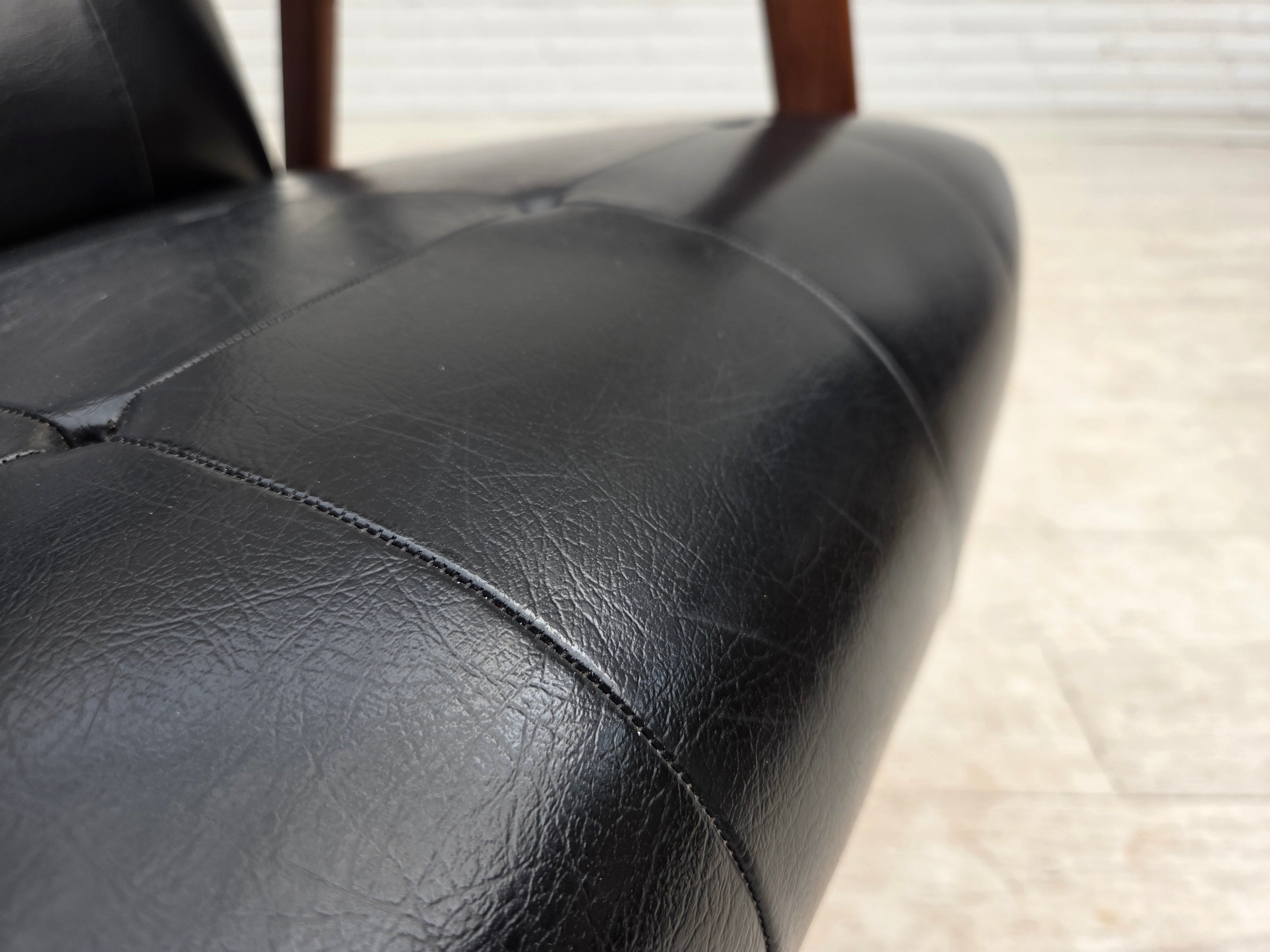 Danish_Armchair_in_Black_Faux_Leather_with_Teak_Legs_and_Armrests,_1970s