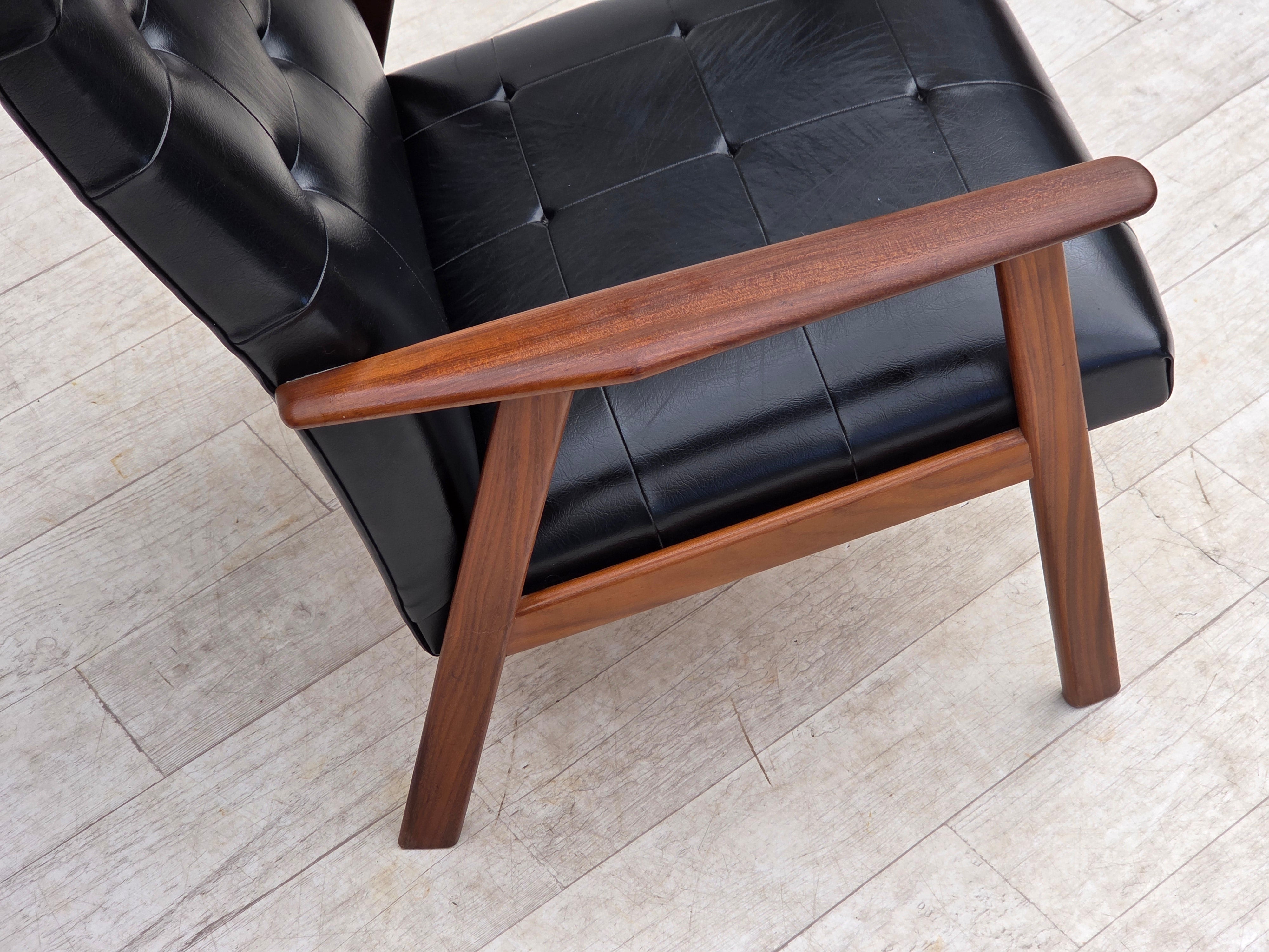 Danish_Armchair_in_Black_Faux_Leather_with_Teak_Legs_and_Armrests,_1970s
