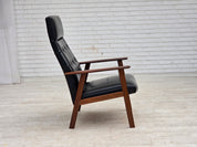 Danish_Armchair_in_Black_Faux_Leather_with_Teak_Legs_and_Armrests,_1970s