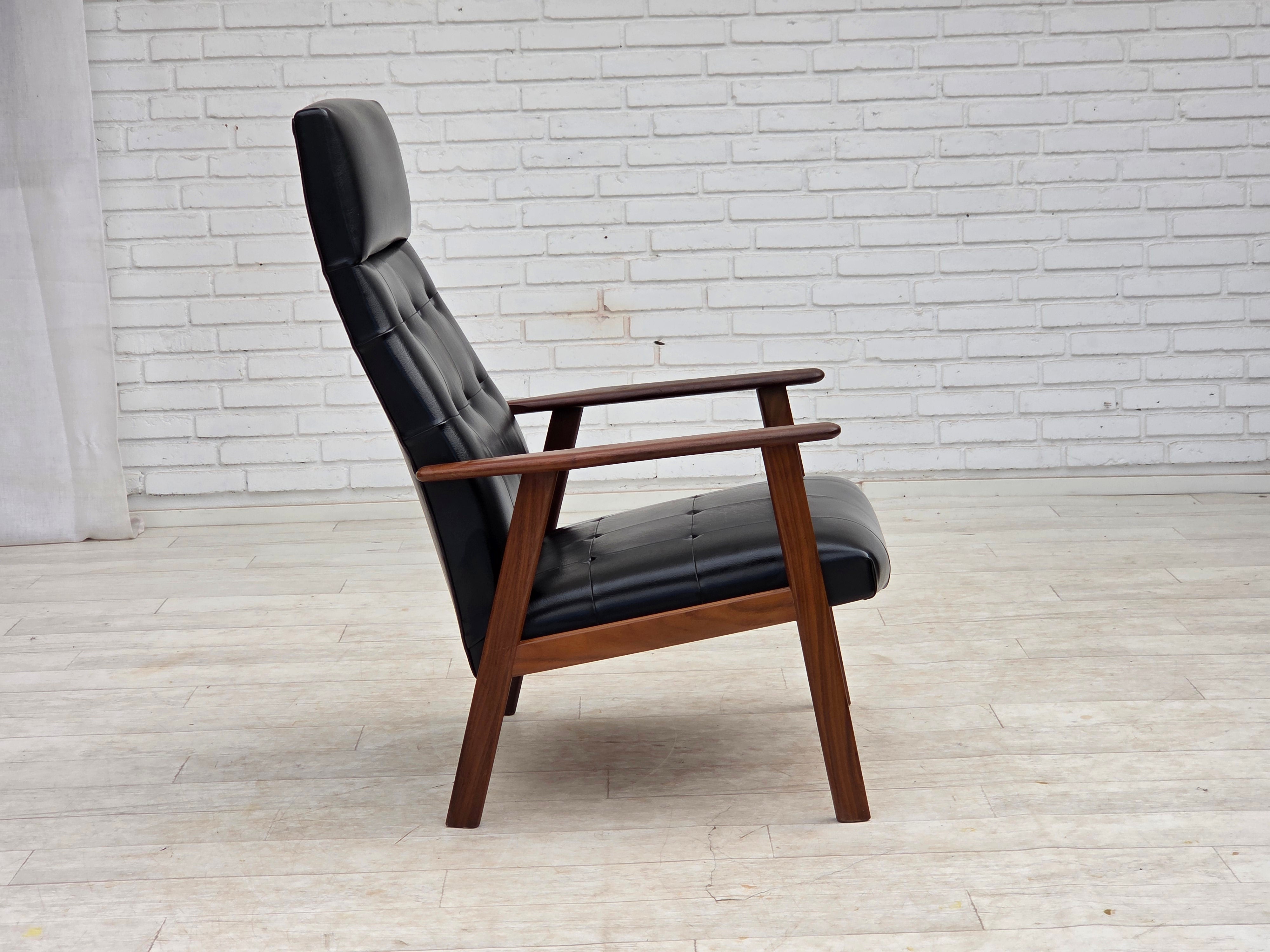 Danish_Armchair_in_Black_Faux_Leather_with_Teak_Legs_and_Armrests,_1970s