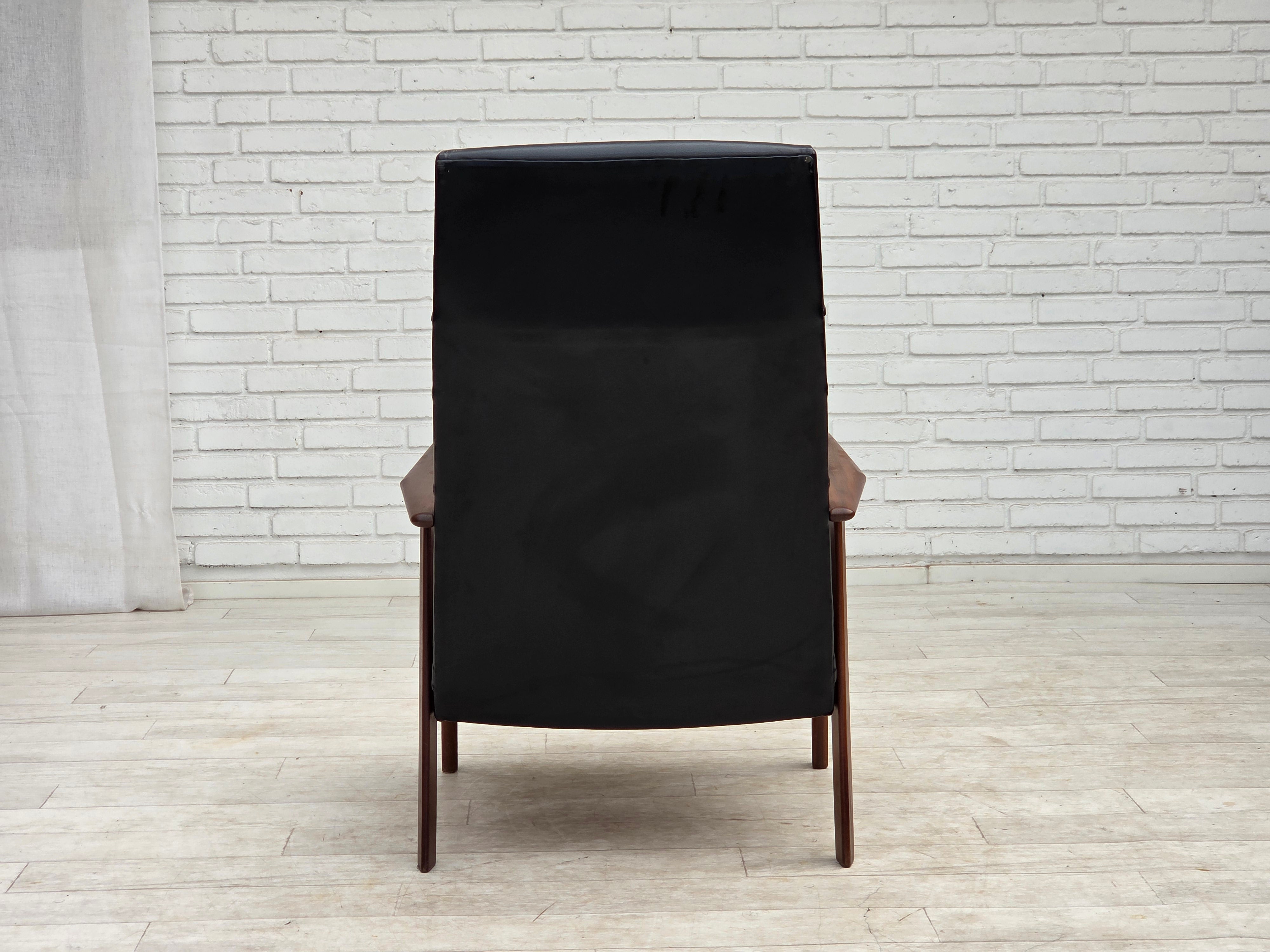 Danish_Armchair_in_Black_Faux_Leather_with_Teak_Legs_and_Armrests,_1970s