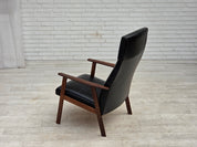 Danish_Armchair_in_Black_Faux_Leather_with_Teak_Legs_and_Armrests,_1970s