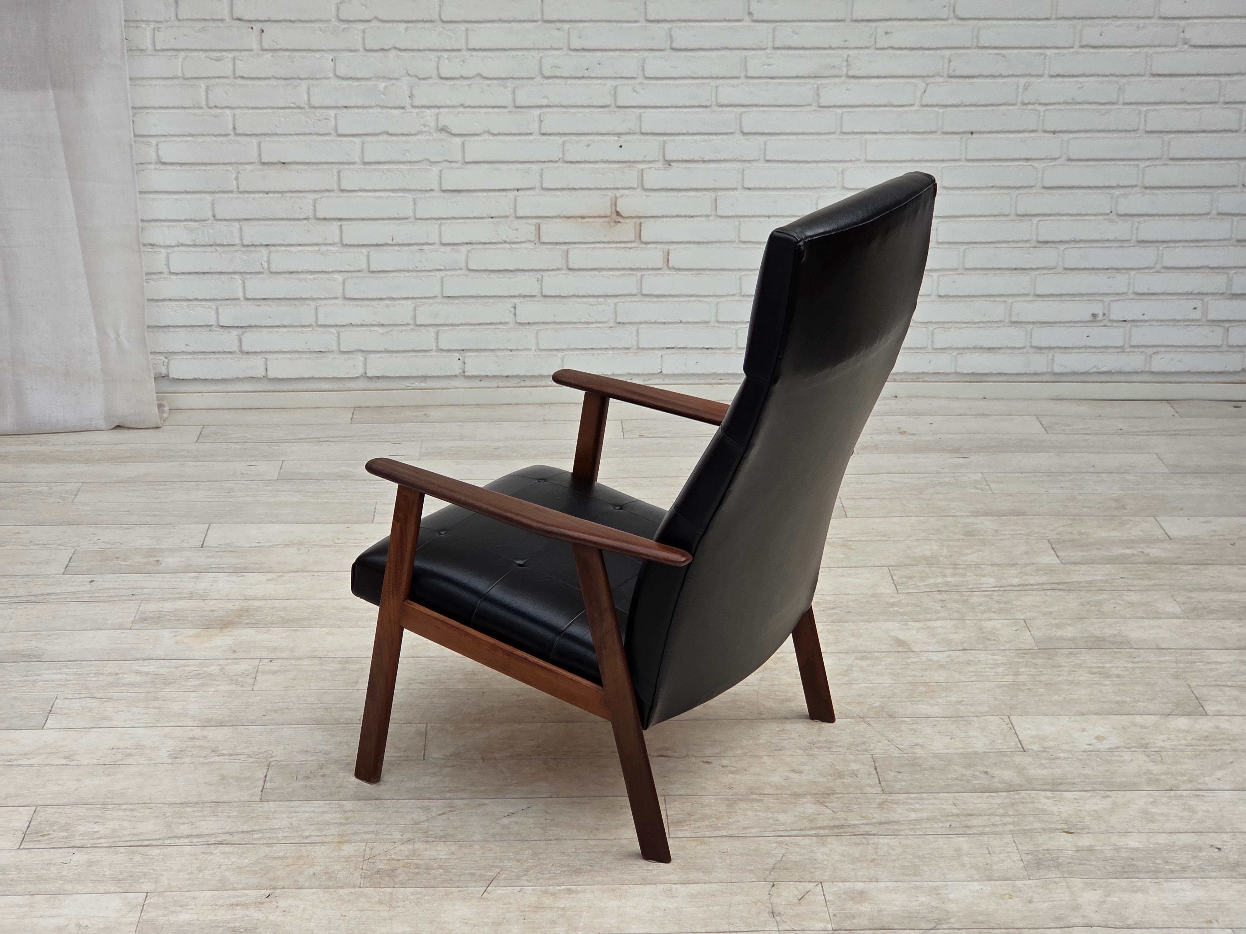 Danish_Armchair_in_Black_Faux_Leather_with_Teak_Legs_and_Armrests,_1970s